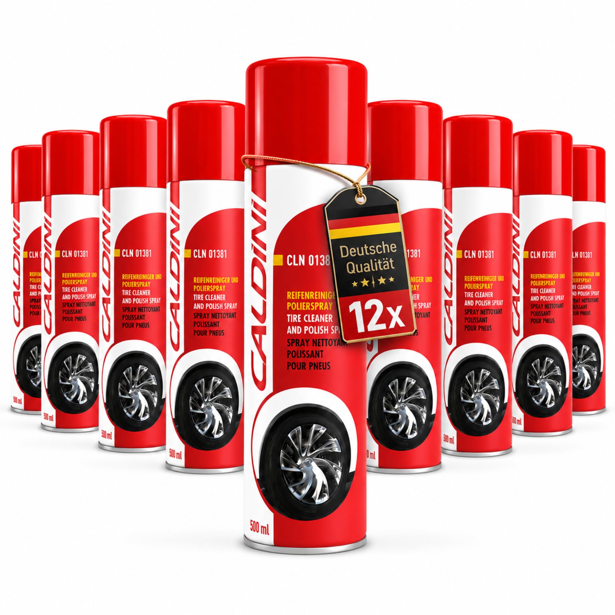 Caldini Reifenglanz Spray 12 x 500 ml, Premium Reifenpflege und Gummipflege, reinigt und pflegt Reifenoberflächen, sorgt für Glanz und Schutz vor Austrocknung, ideal für Auto, Motorrad und Transporter
