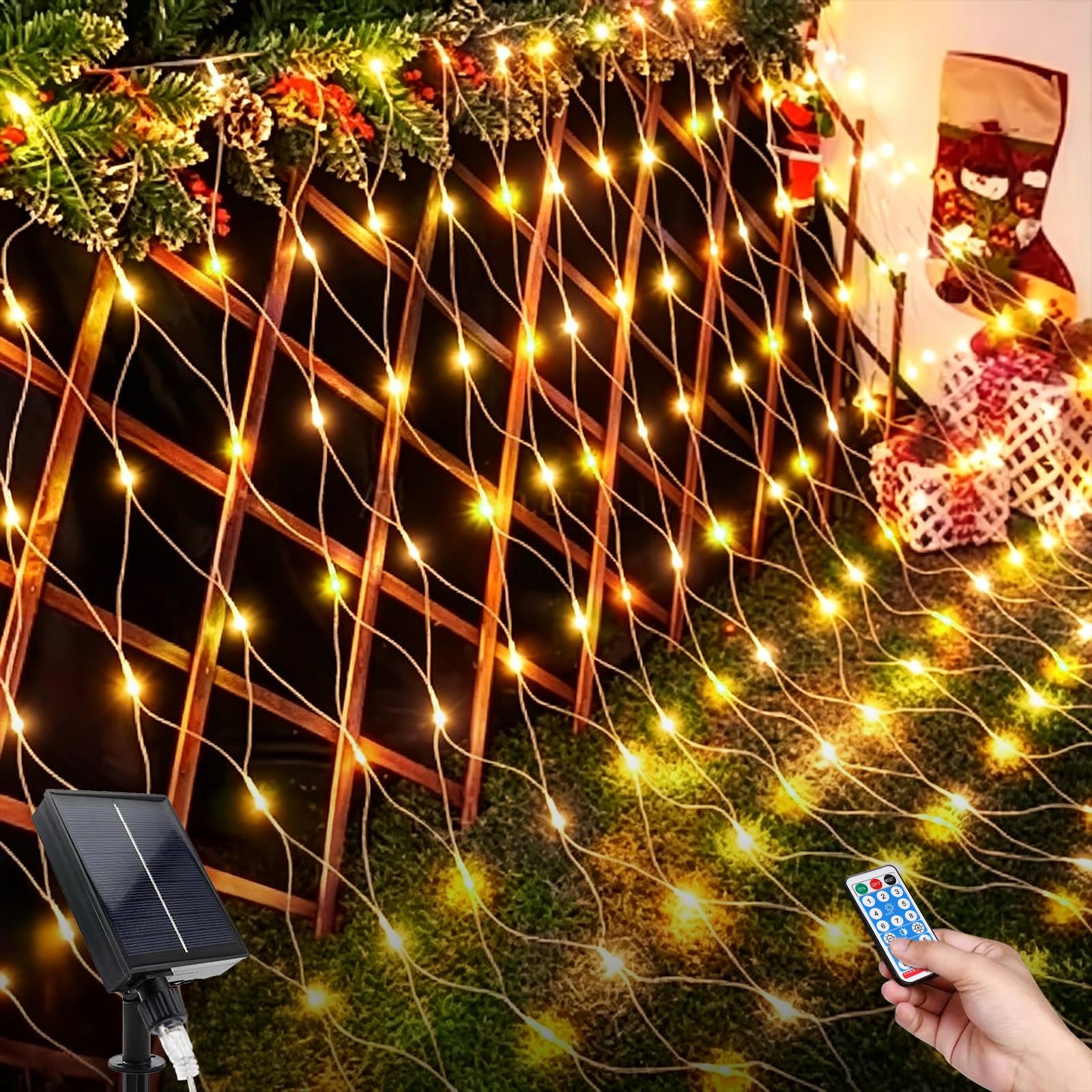 Prosishing Solar Net Lights Outdoor, 2 * 3M 192LEDs Outdoor String Lights Net with Remote Control, 8 Lighting Modes Waterproof Solar Net Lights for Garden, Christmas, Wedding, Party Decoration
