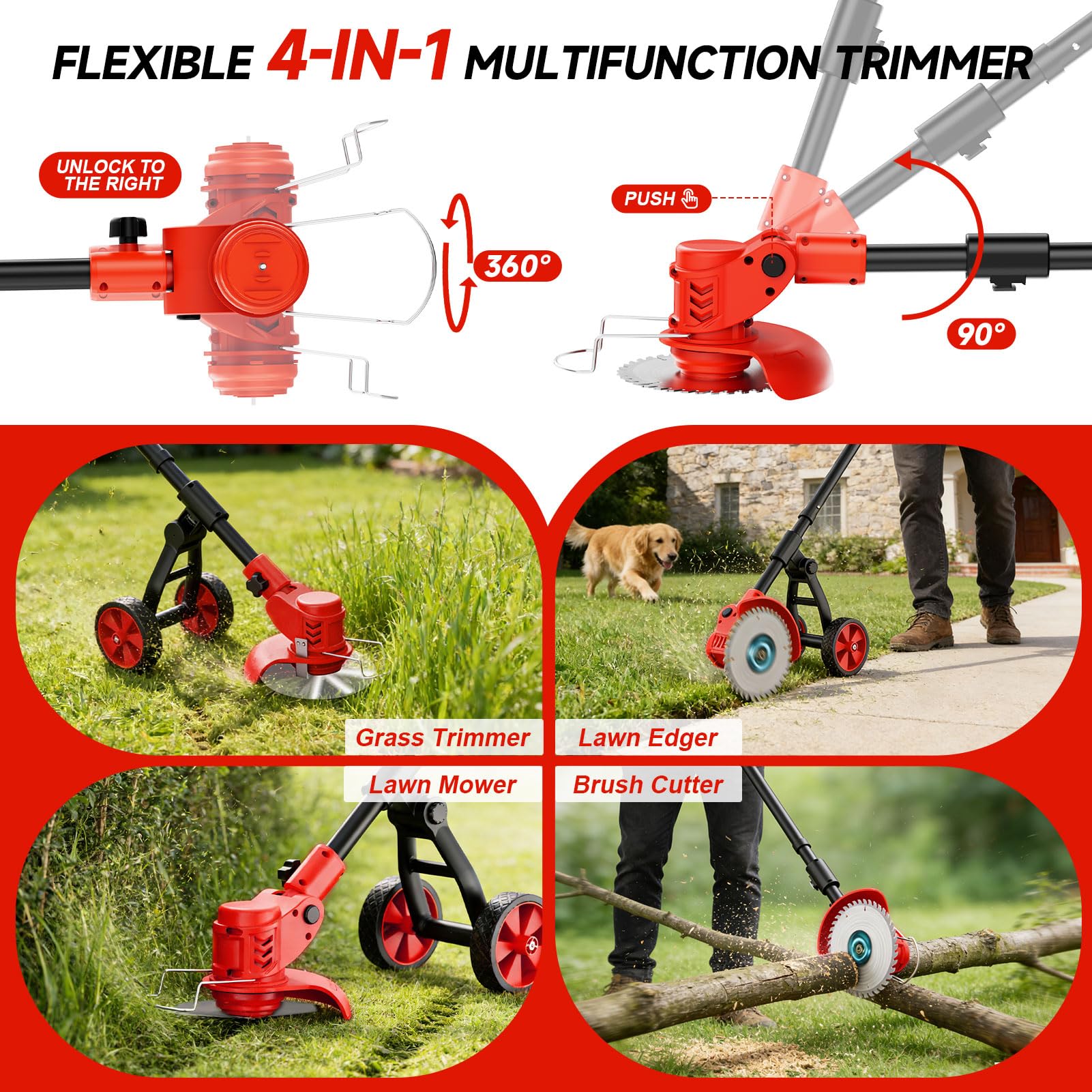 4 in 1 Rasentrimmer mit Akku,21V Rasenkantenschneider mit 2 × 2,0 Ah Batterie und Ladegerät,90°Drehkopf,Abnehmbaren Rädern,Freischneider mit 4 Klingentypen& Abnehmbaren Rädern für Gärten,Höfe,Rasen