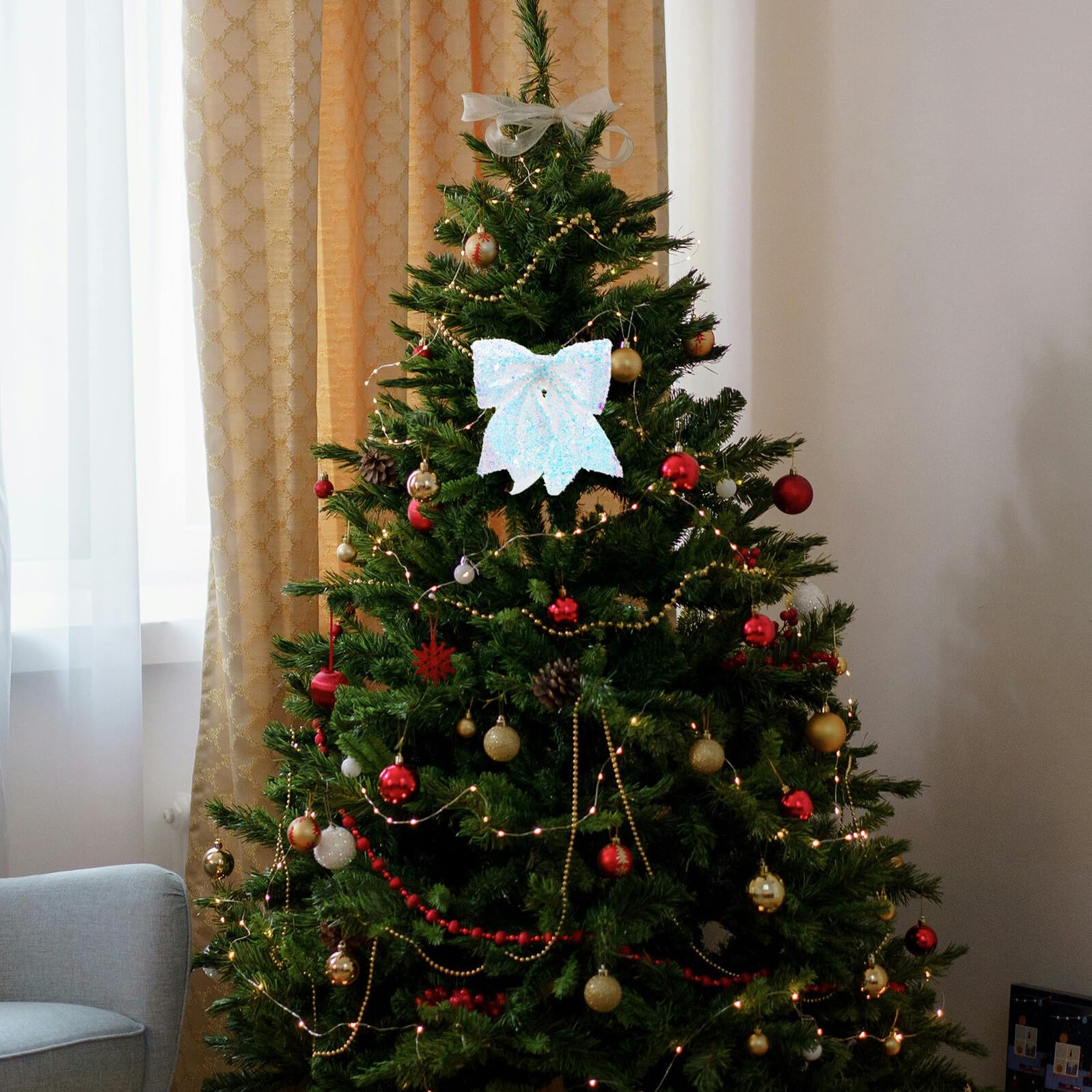 OUNONA Nœuds Décoratifs en Coton Perlé Blanc Scintillant Grand Nœud en Forme de Ruban Suspendu pour Sapin de Noël Ornements de Décoration Festive Réutilisables pour Couronne et Porte