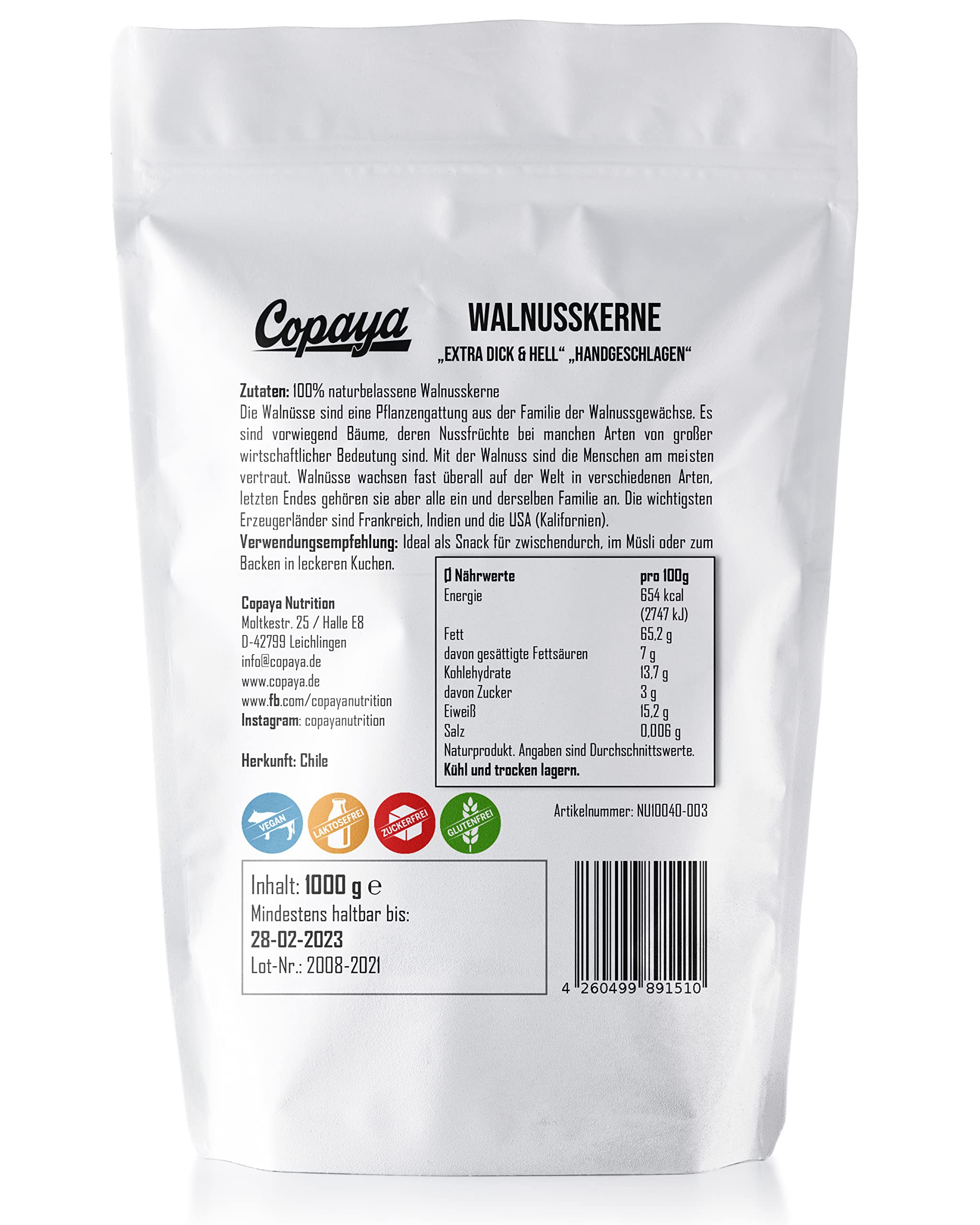 Copaya Walnusskerne in Premium Qualität, Sehr Milde & Aromatische Walnüsse, Handgeschlagene Kerne, Extra Dick & Hell in Rohkostqualität aus Chile im verschließbarem Aromaschutzbeutel, 1000g (1KG)