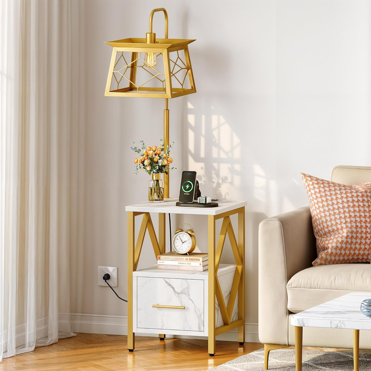 DWVO Floor Lamp with Table, Side Table Lamp with Charging Station, 3-Color Temperature Table Lamps for Living Room, Industrial Style Floor Lamp with Shelves, White&Gold