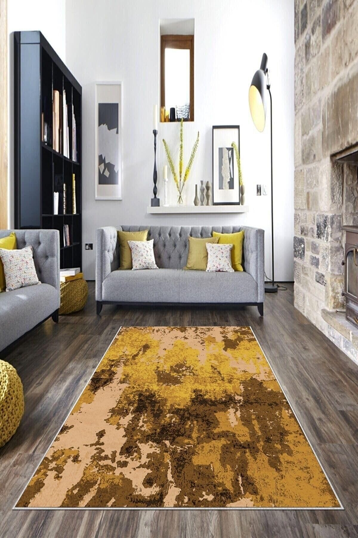 Pelangi Sarı Renkli Kum Desenli Yıkanabilir Kaymaz Taban Leke Tutmaz Modern Salon Halısı Ve Yolluk, Sarı-Taba 100 x 200, 135818710020005