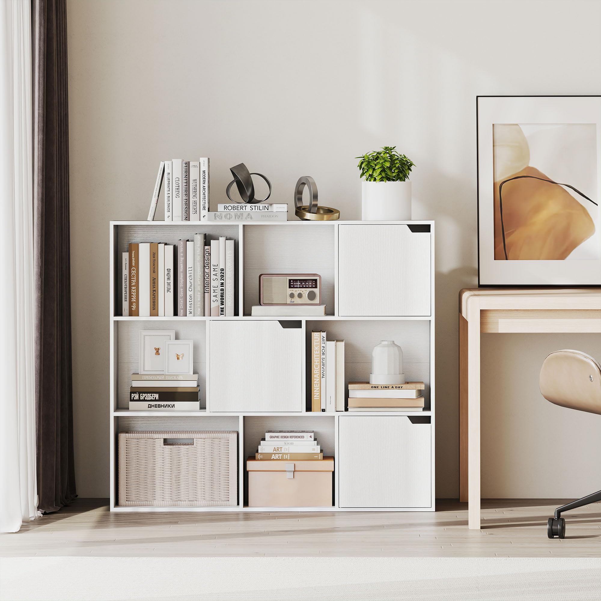 HOMCOM Bibliothèque Étagère de Rangement Étagère de Bureau avec 9 Compartiments cubiques, 3 Portes, 6 étagères Ouvertes Étagère d'affichage pour Home-Office Salon Blanc 106 x 24 x 95 cm