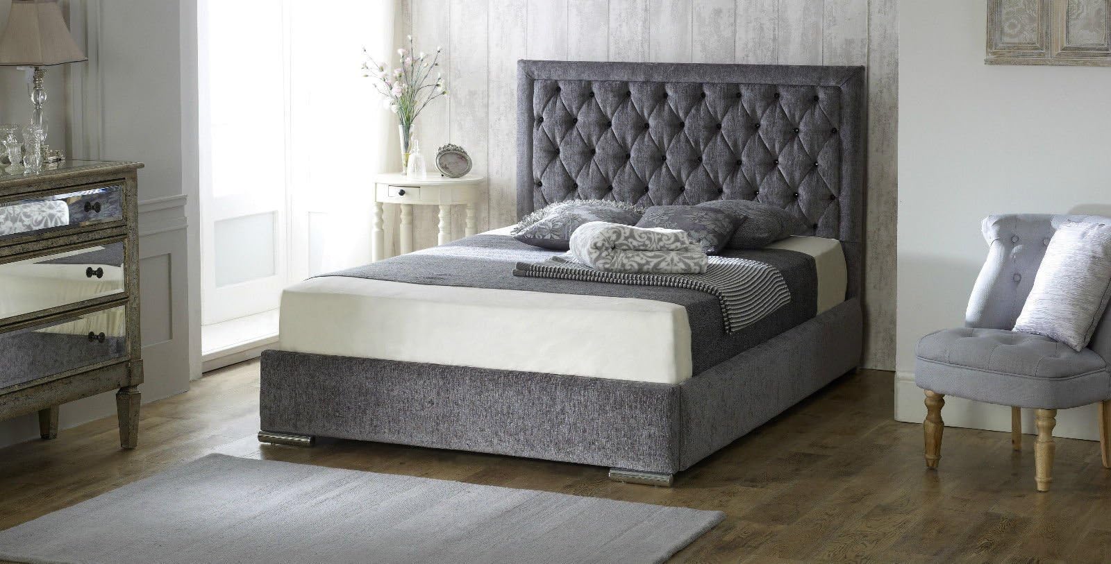 LayLowBeds Chelsea Chenille Fabric Upholstered Designer Bed Frame with Diamond Cross-Hatch Pattern Studded Headboard & Large Under-Mattress Storage Area - 7 Colours & Full Range of Sizes