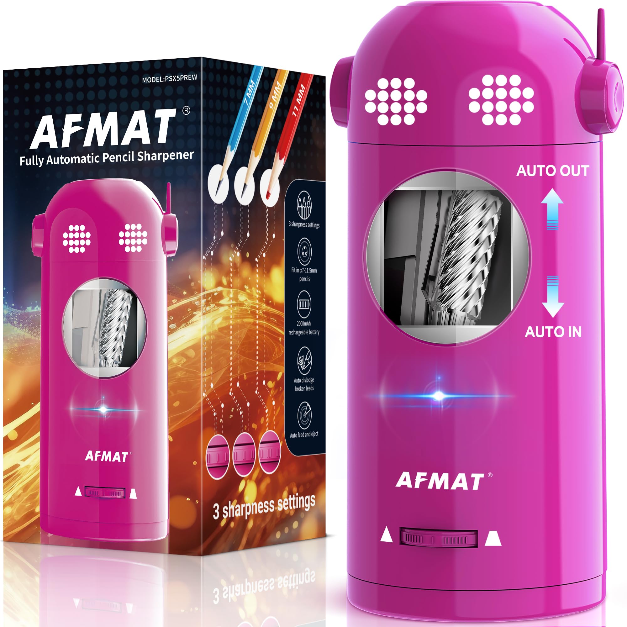 AFMAT Electric Pencil Sharpener Fully Automatic, Colored Pencil Sharpeners for 7-11.5mm Pencils, Rechargeable Hands-Free Robot Sharpener for Classroom