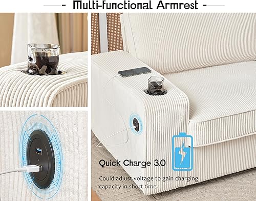 Miniatura 10 de Sofá moderno de 89 pulgadas con puertos de carga USB y portavasos, sofá de asiento profundo, cómodo sofá para sala de estar (chenilla gris carbón)