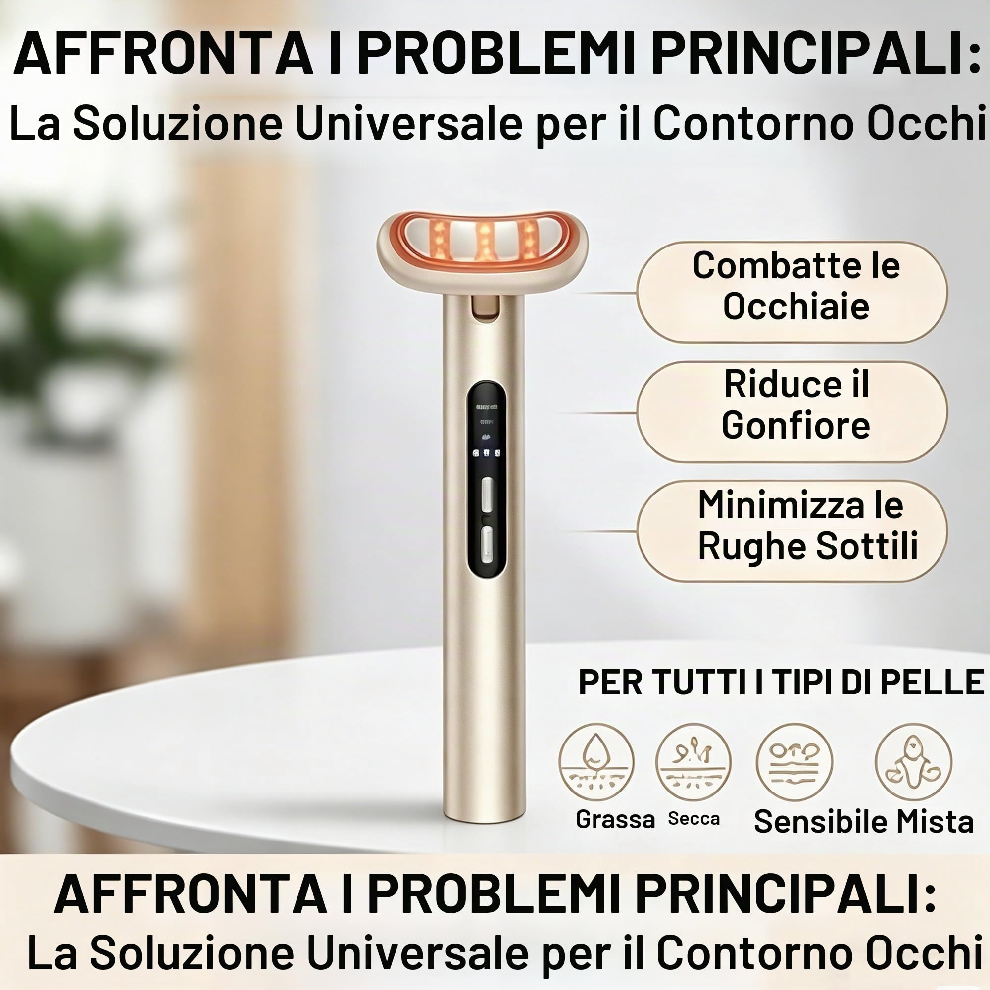 Dispositivo antirughe e antietà 9 in 1 con terapia a luce LED, massaggiatore elettrico per occhi EMS, calore e vibrazione, testina rotante a 90° per occhiaie, borse e linee sottili