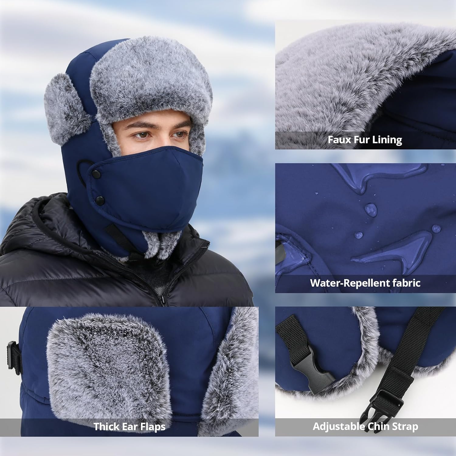 Trapper Hat Russian Ushanka Winter Hats for Men and Women，Windproof with Face Cover and Ear Flaps