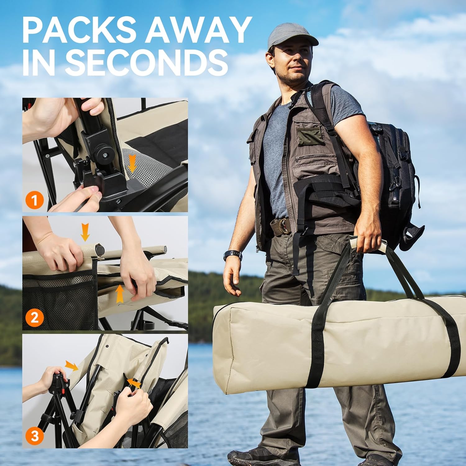 Reclining Camping Chairs with Footrest Folding Lounge Chair Support 400 LBS, 160 Degrees Adjustable Backrest Camp Chair with Lumbar Pillow Beach Chairs for Adults