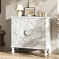 Furnivado Vintage White Buffet Cabinet with 2 Carved Doors, Adjustable Shelves & Solid Wood Legs - Storage Sideboard for Kitchen, Living Room (31.5"W)