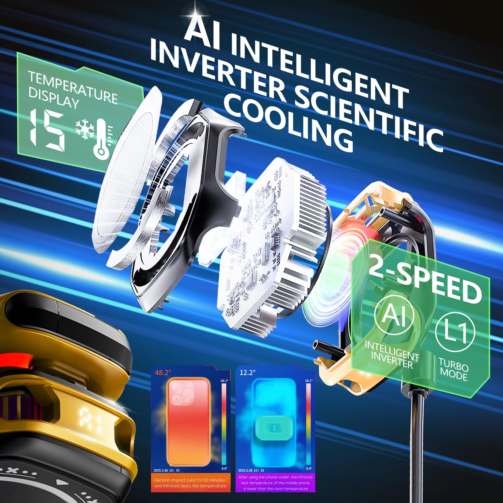 auvstar Handy-Kühler mit 2000mAh Akku, Phone Cooler RGB, 2 Stufen, Halbleiterkühlung, Temperaturanzeige
