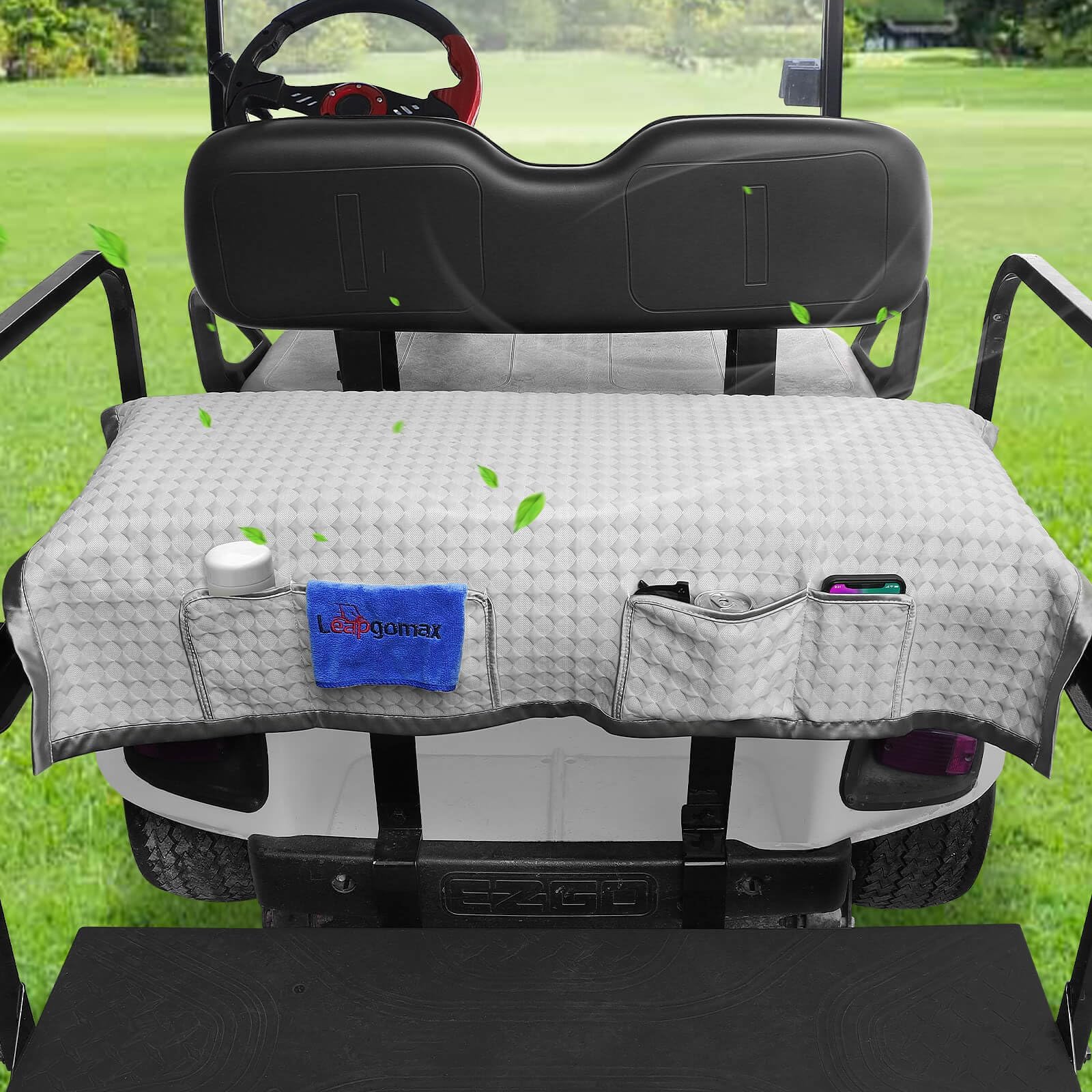 LEAPGOMAX Golf Cart Rear Seat Cover, Universal Cooling Ice Silk Golf Cart Back Seat Blanket for EZGO Club Car Yamaha, Breathable Fabric with 4 Pockets
