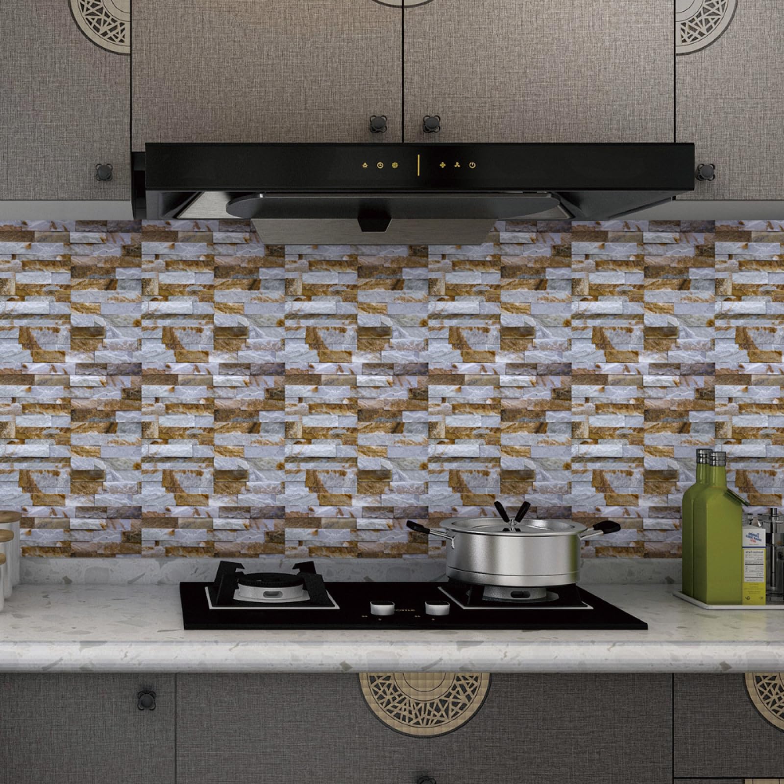 Piastrelle Adesive Cucina Marrone Bianco Pietra Mattone Modello Pavimento pvc Adesivo Mobili Decorazioni Piastrelle Adesive Bagno Impermeabile Resistenza all'olio Mattonelle Adesive