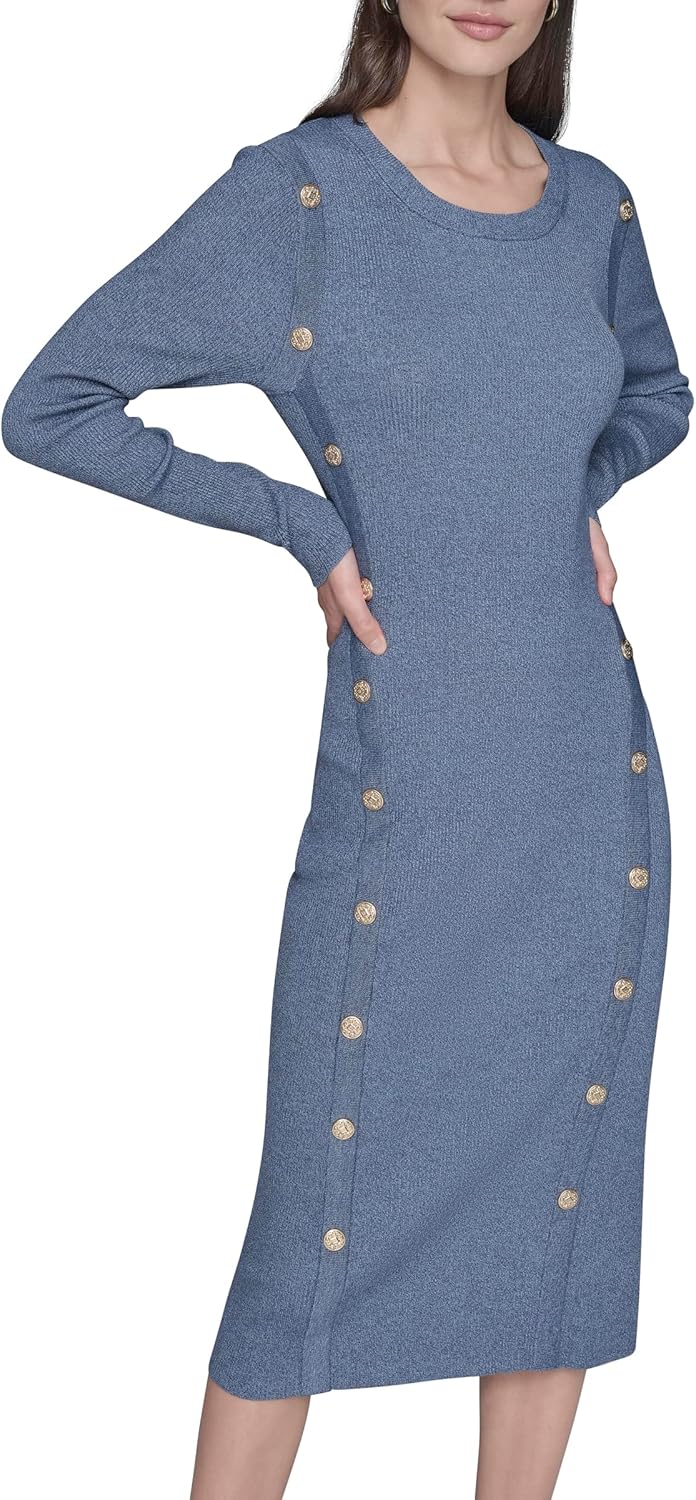 Karl Lagerfeld Women's Long Sleeve Button Detail Ankle Length Essential Dress