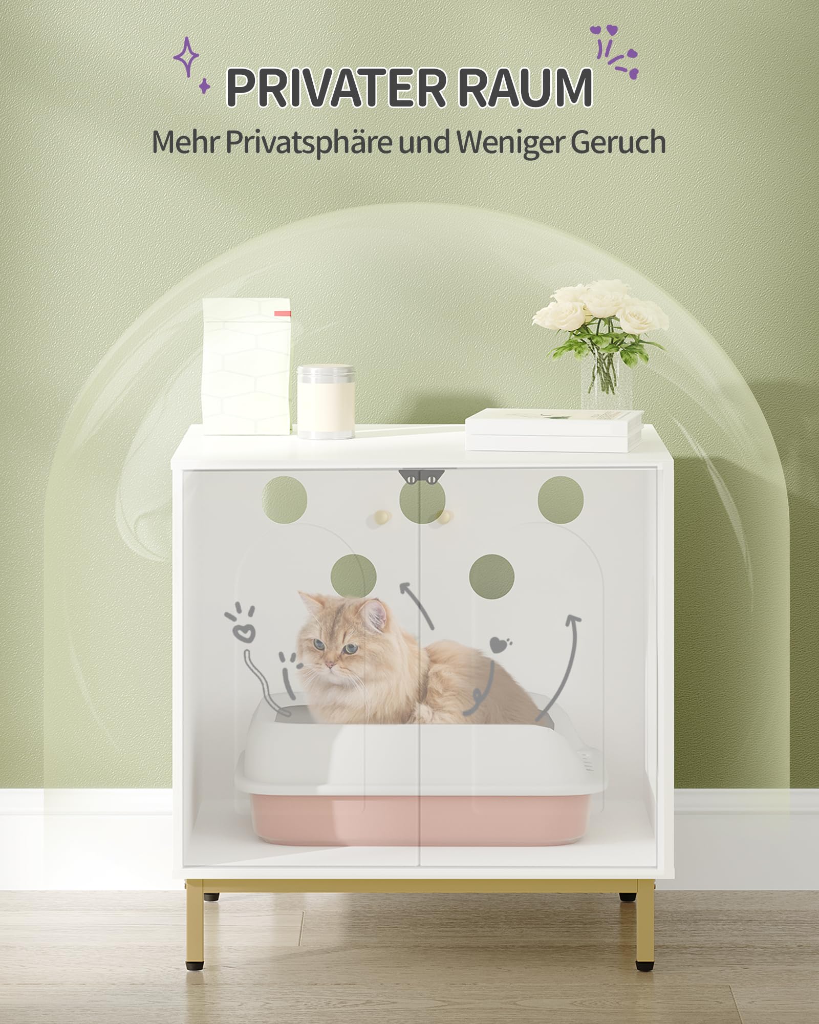 Hzuaneri Caja de Arena para Gatos, Muebles de Caja de Arena, Mesa Auxiliar para Casa de Mascotas, Banco de Gabinete de Almacenamiento, se Adapta a la Mayoría de Gatos, Blanco y Dorado CB81203G
