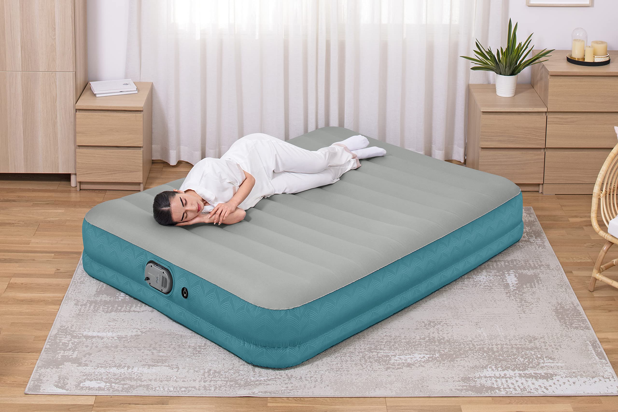 Bestway AlwayzAire Fortech łóżko dmuchane z podwójną pompą zasilaną akumulatorem, Double XL/Lo, 203 x 152 x 36 cm, turkusowe