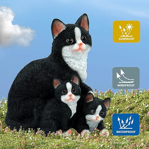 Miniatura 5 de Gojoquanzhou Estatuas de decoración de jardín para gatos al aire libre  Bonita figura de gato con gatitos, divertidas estatuas de animales para