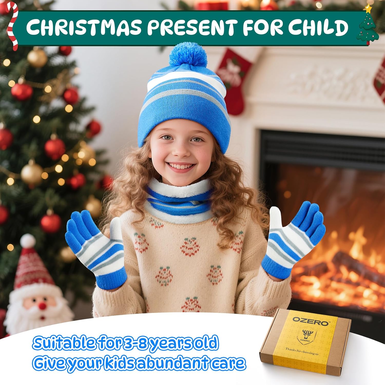 OZERO 2&3Pcs Kids Winter Knit Hat Gloves Scarf Set Warm Fleece Lining Thermal Beanie for 3-8 Year Boys and Girls - Image 2