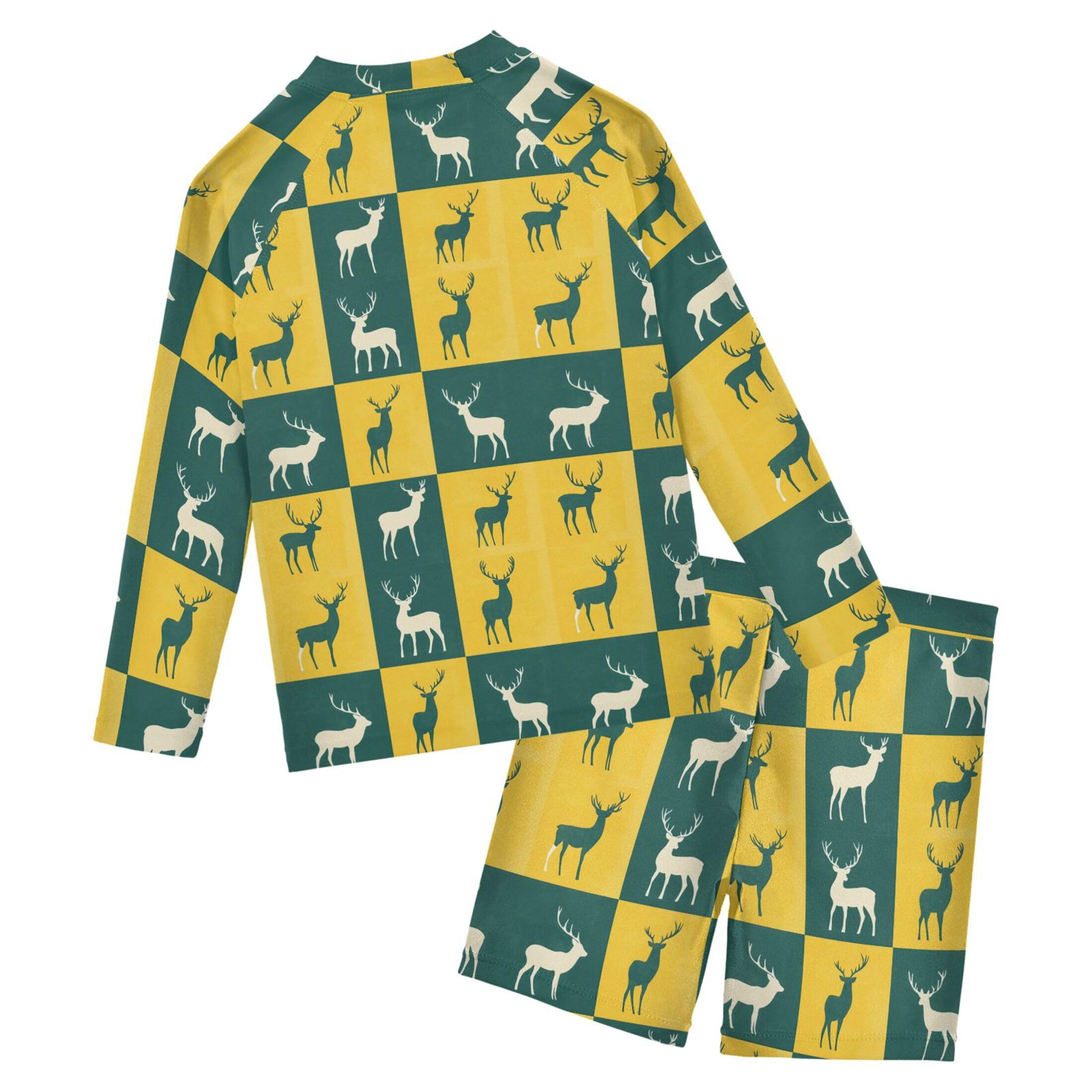 Elk Yellow Green Plaid Baby Boys' Toddler Long Sleeved Rashguard Swim Bathing Suit Set B0404848