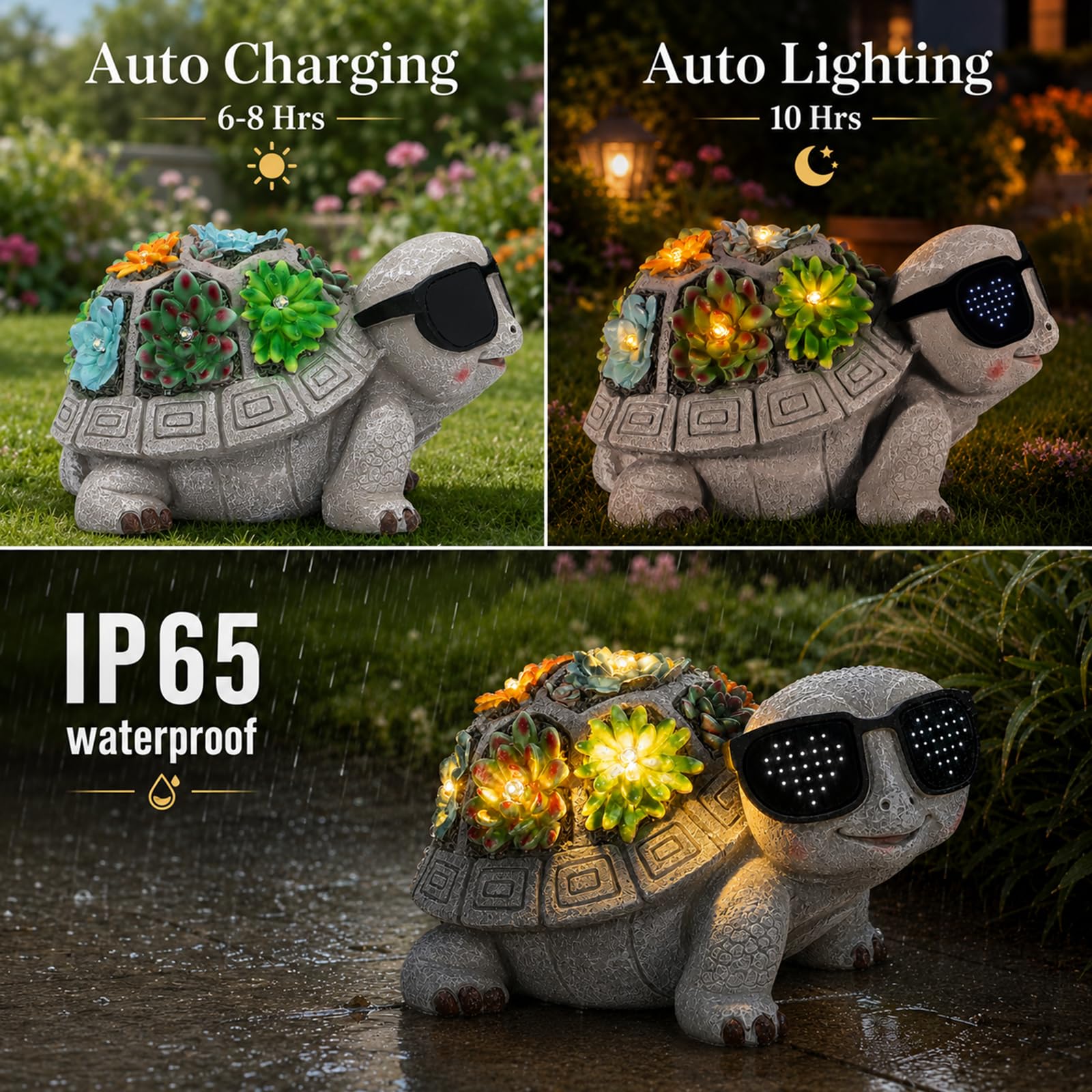 Unique Solar Garden Turtle Statue with I Love You LED Sunglasses and Succulent LED Lights, Lawn Decor Tortoise Figurine for Patio, Balcony Yard Ornament for Mom, Women & Grandma