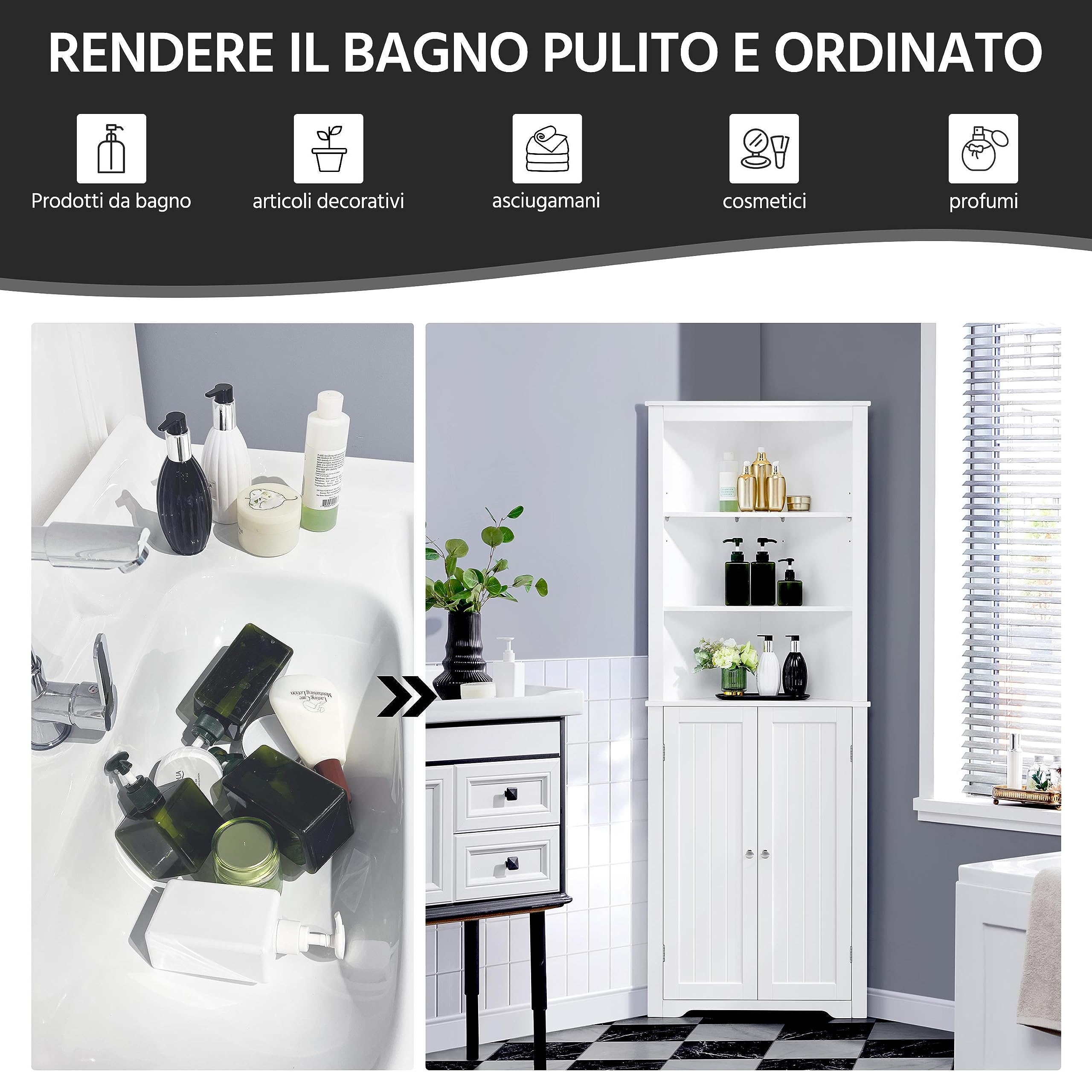 Yaheetech Mobile da Bagno Armadietto a Colonna Alto d'Angolo 163 x 60 x 43 cm Mobiletto Cucina Autoportante con 3 Ripiani Aperti in Legno Armadio Triangolo Moderno Multiuso da Terra Bianco