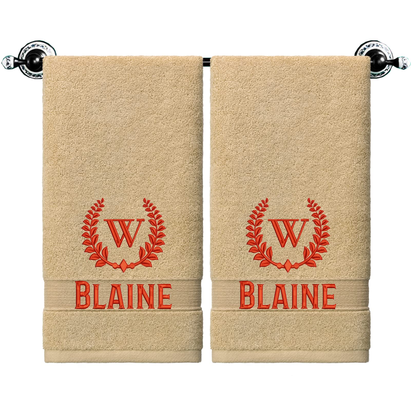 VEDULEKA Custom Towel Set of 2, Monogrammed Hand Towels, Personalized Hand Towels with Names, 100% Cotton Luxury Embroidered for Personalized Gift Wedding Bathroom Spa (Khaki with Pattern)
