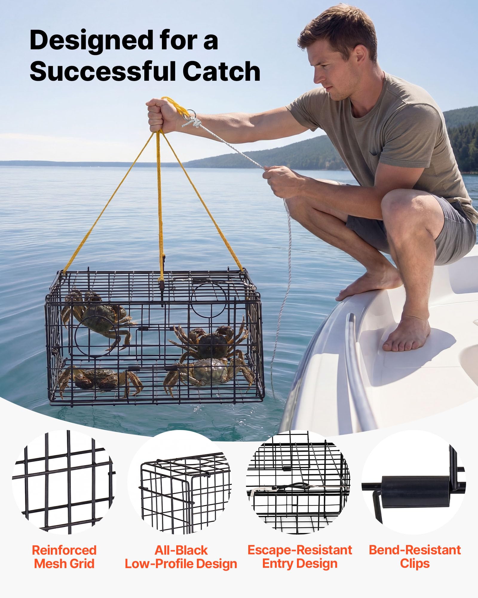 VEVOR Krabbenfalle 2er-Pack, 62 x 62 x 30 cm Krabbenreuse für Dungeness Crabs, PVC-beschichtetes Drahtgeflecht, inkl. 30 m Bleileine, Boje (Rot+ Weiß) und Handschuhen, Angelzubehör für Salzwasser