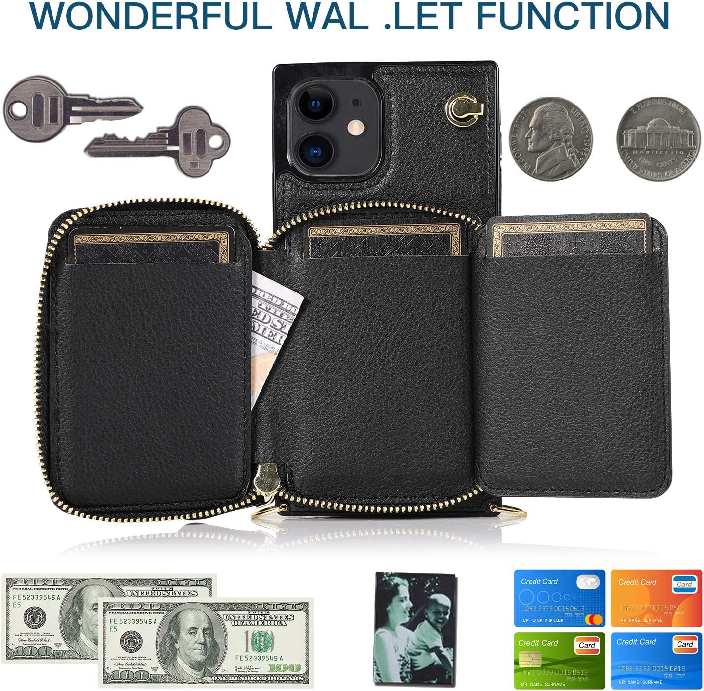 Asuwish Phone Case for iPhone 13 Mini 5.4 inch Wallet Cover with Screen Protector and Zipper Card Holder Slot Stand Leather Cell iPhone13mini i-Phone 13minicase i iPhone13 13mini Women Men Black