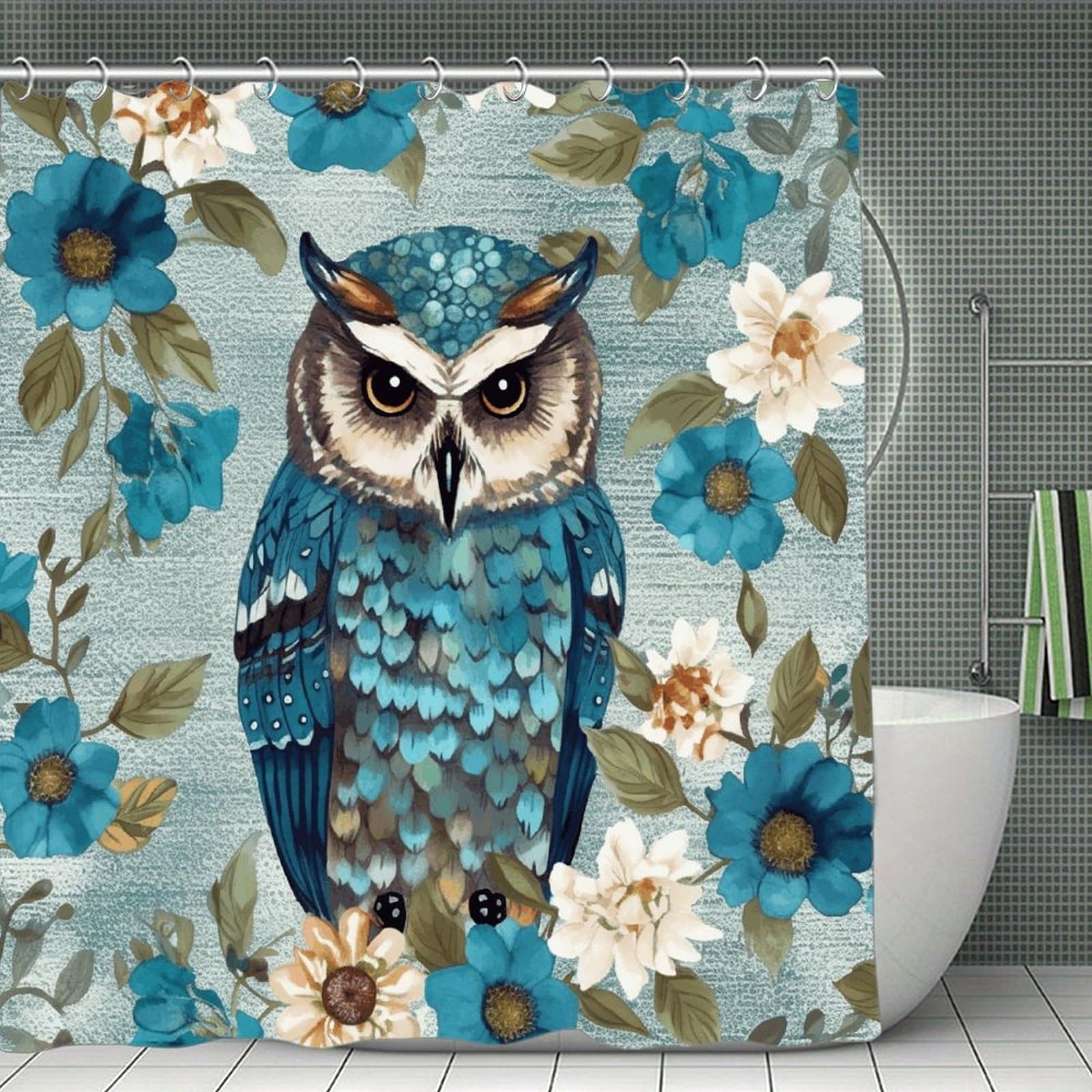 VstaDank Owl Spring Flowers Turquoise Bath Curtain Elegant Heavy Duty Shower Curtains 70x70 in Rustic Farmhouse Cloth Shower Curtains Neutral Modern Bath Curtain for Bathroom