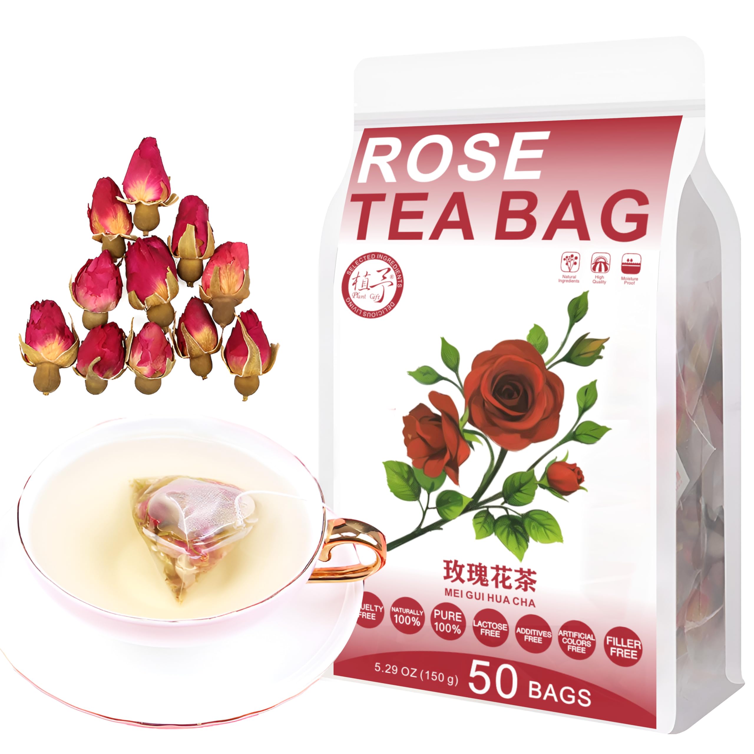 Plant Gift 50 cups Rose Tea Bags (玫瑰花茶 MEI GUI HUA CHA) Double Red Rose tea 5.29oz (3g*50bags/150g) Herbal Tea, Caffeine free, Combination of Floral Tea