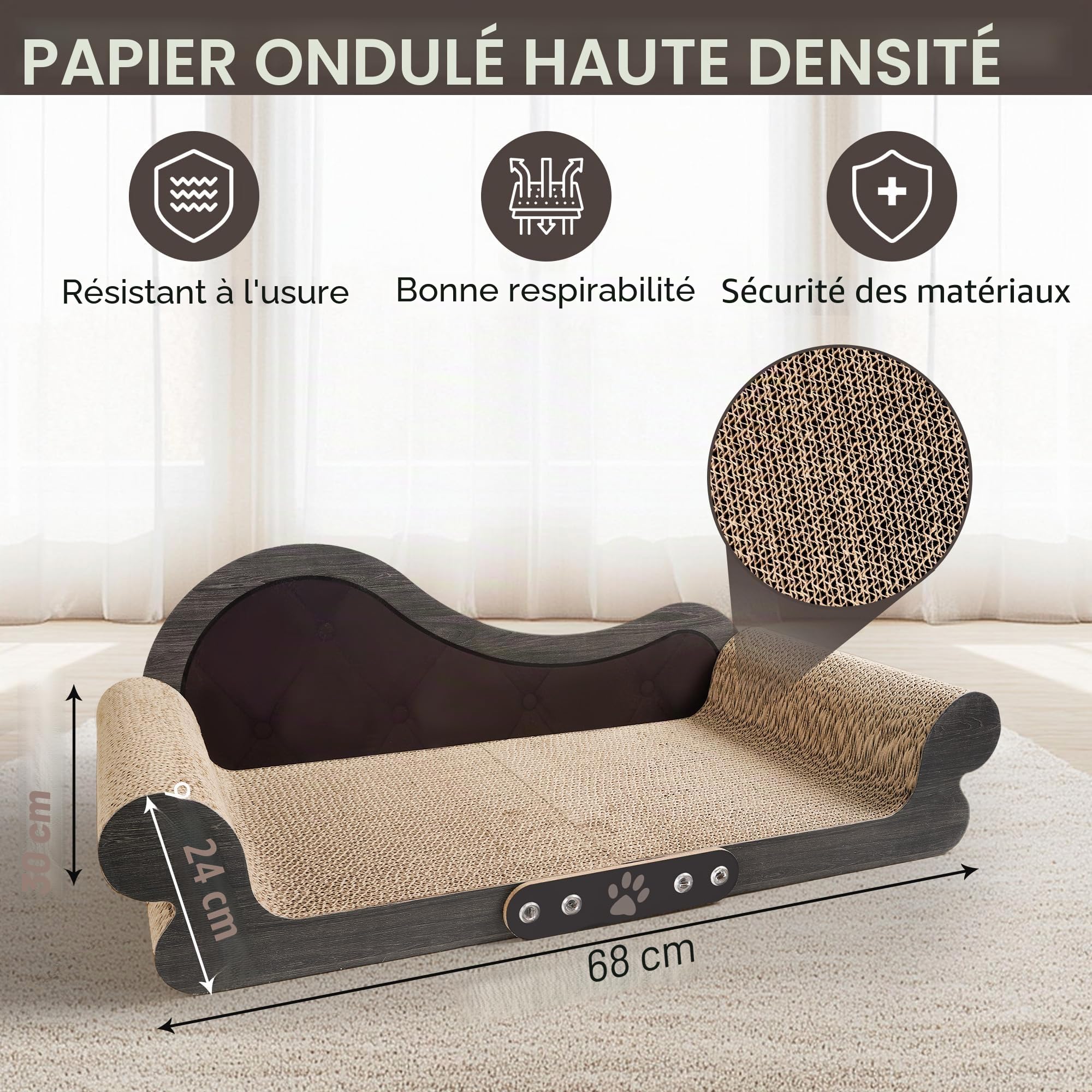 Griffoir pour Chat XXL - Grattoir Chat 68cm Design Canapé - Carton Ondulé Renforcé - pour Lit Chats et Salon