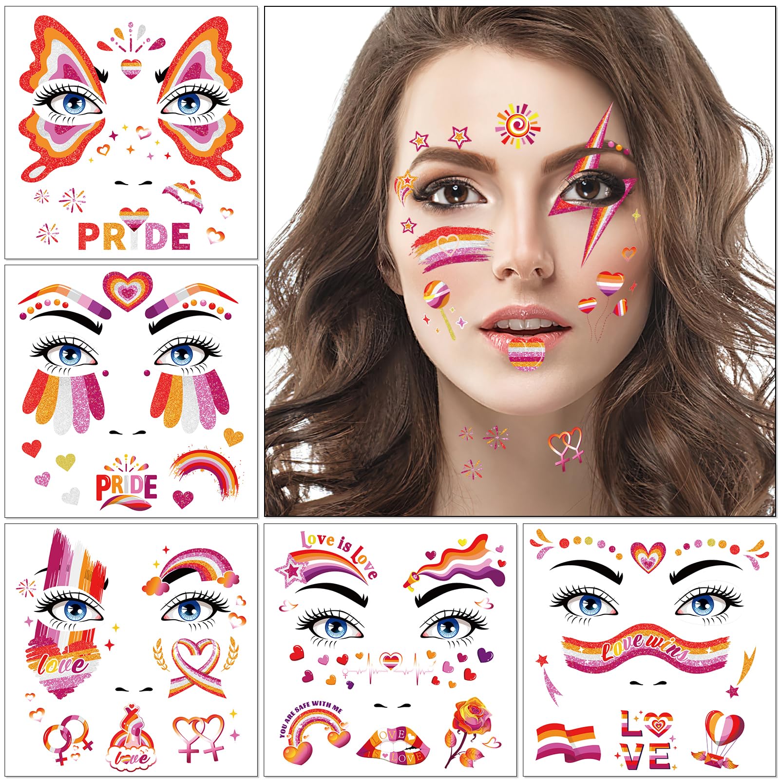 HOWAF 12pcs Girls Love Pride Glitter Face Tattoos, Gay Pride Temporary Tattoos for LGBTQ Parades Face Decor, Love Wins Face Painting Tattoos Stickers