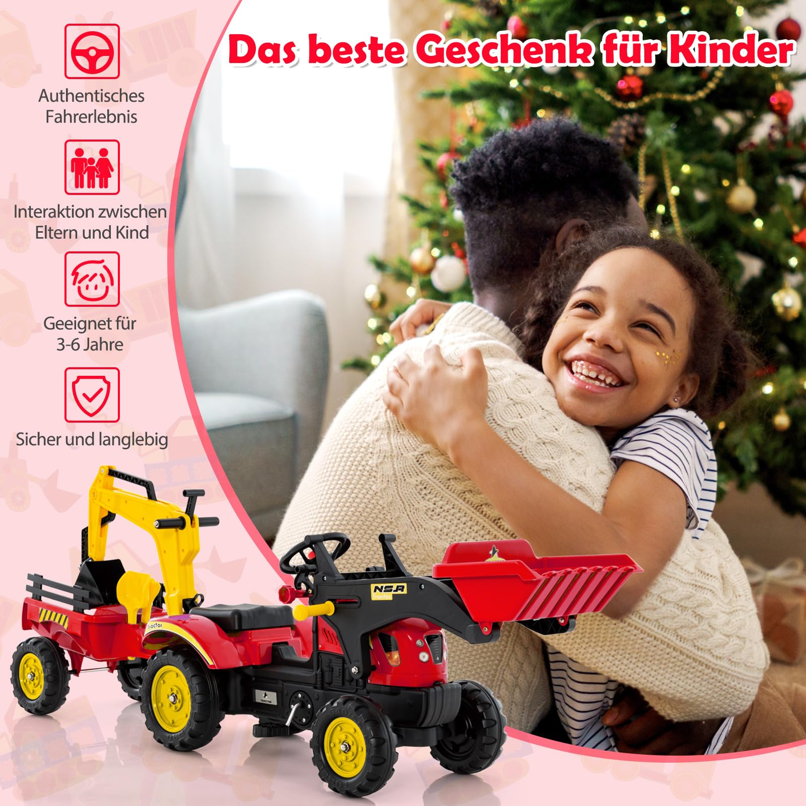 COSTWAY Trettraktor, Kinder Traktor mit Abnehmbarer Anhänger & Grabschaufel, Kindertraktor bis 35 kg belastbar, Sitzbagger für Kinder ab 3 Jahren (Rot)