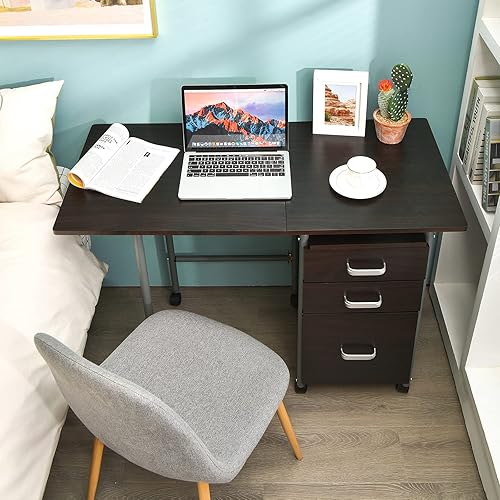 Miniatura 2 de Tangkula Escritorio plegable para computadora con 3 cajones de almacenamiento, escritorio de oficina en casa móvil, escritorio de estudio con ruedas