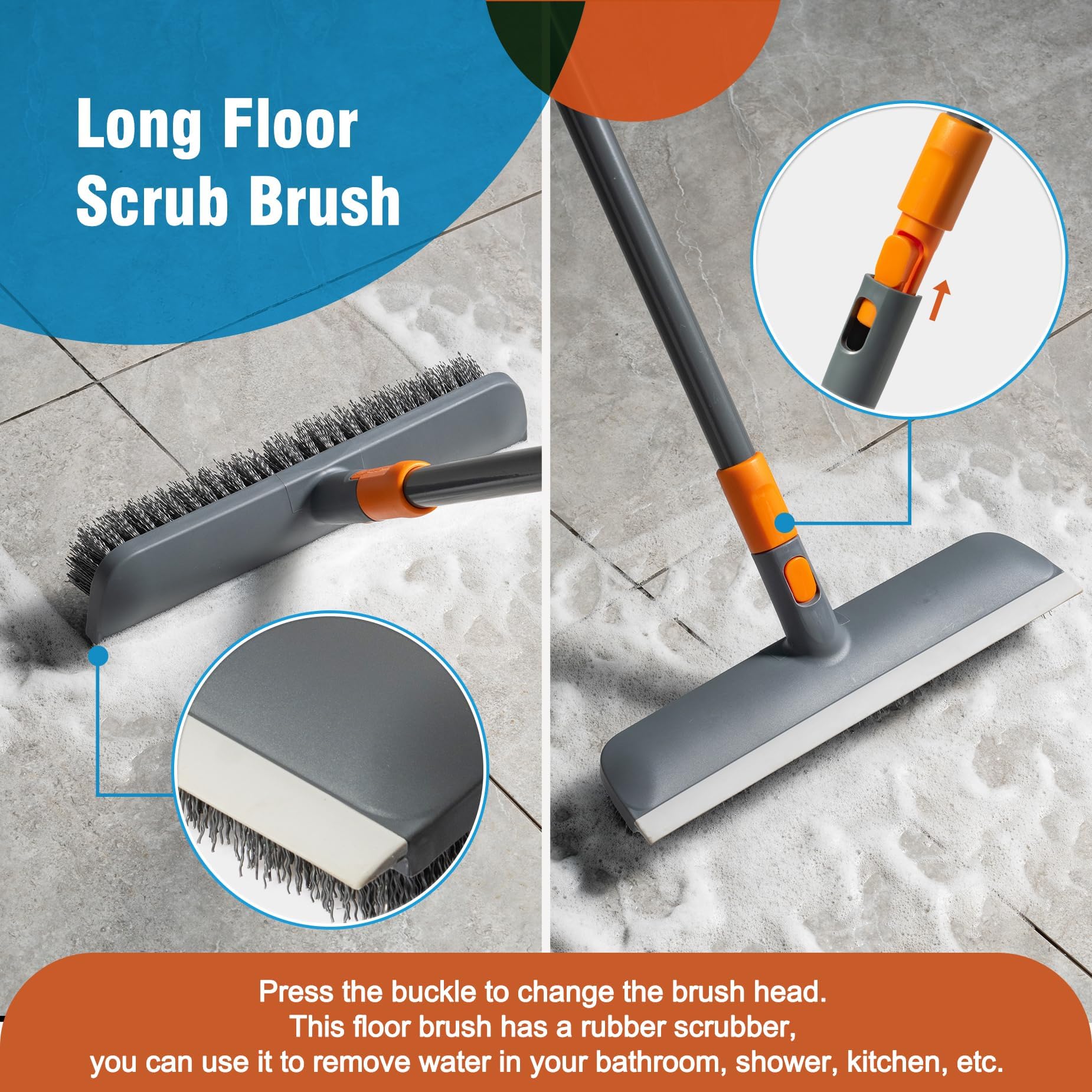 CLEANHOME Brosse à récurer pour sol, carrelage, baignoire avec 4 têtes de nettoyage différentes, brosse de douche avec long manche extensible de 142,2 cm, brosse à récurer pour nettoyer la cuisine, la