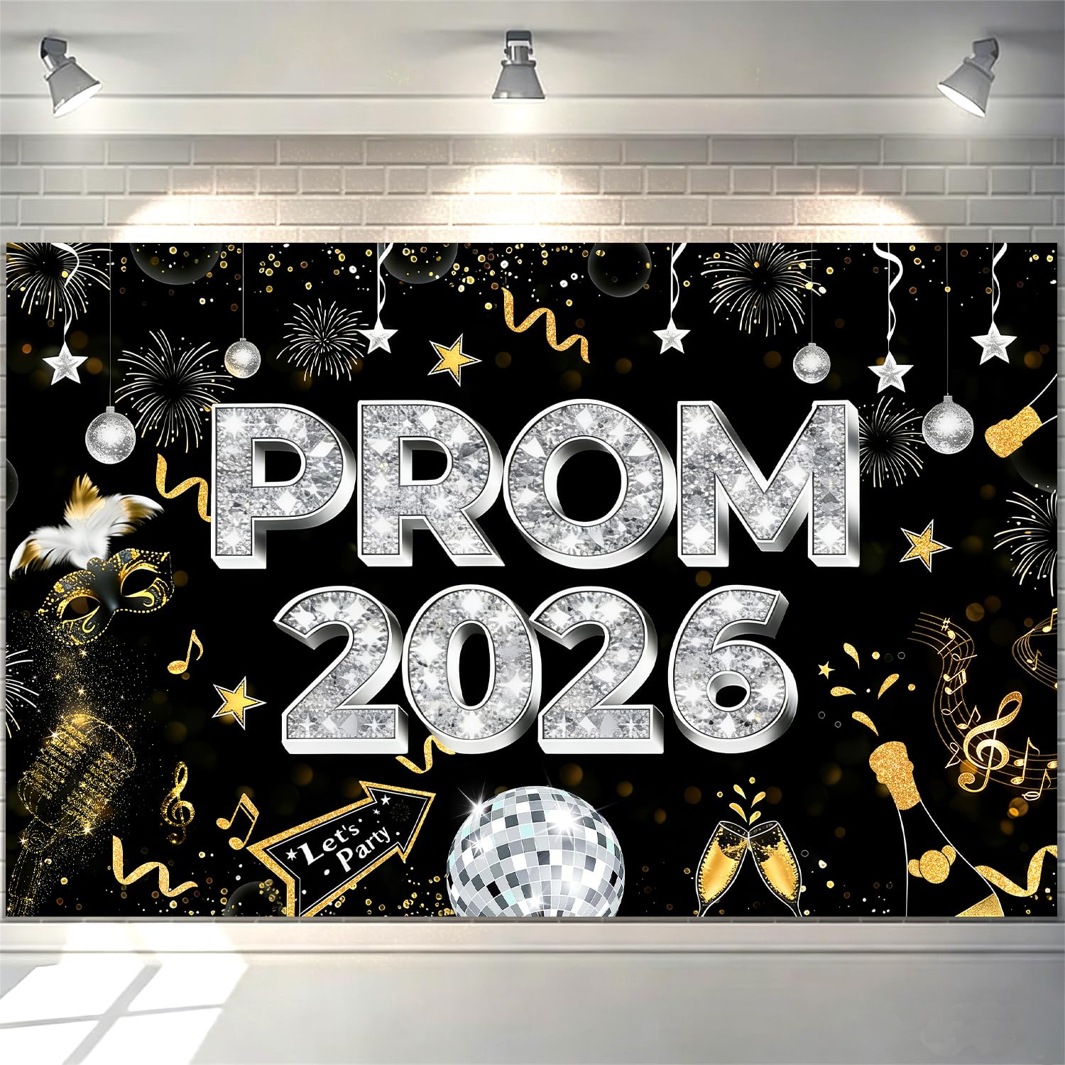 Black Gold Bunting 180 * 110cm,Prom Decorations 2026,Graduation Prom Party Decorations,Black Gold Silver Prom'S Night Backdrop 2026 for Indoor Outdoor 2026 Graduation Party Supplies