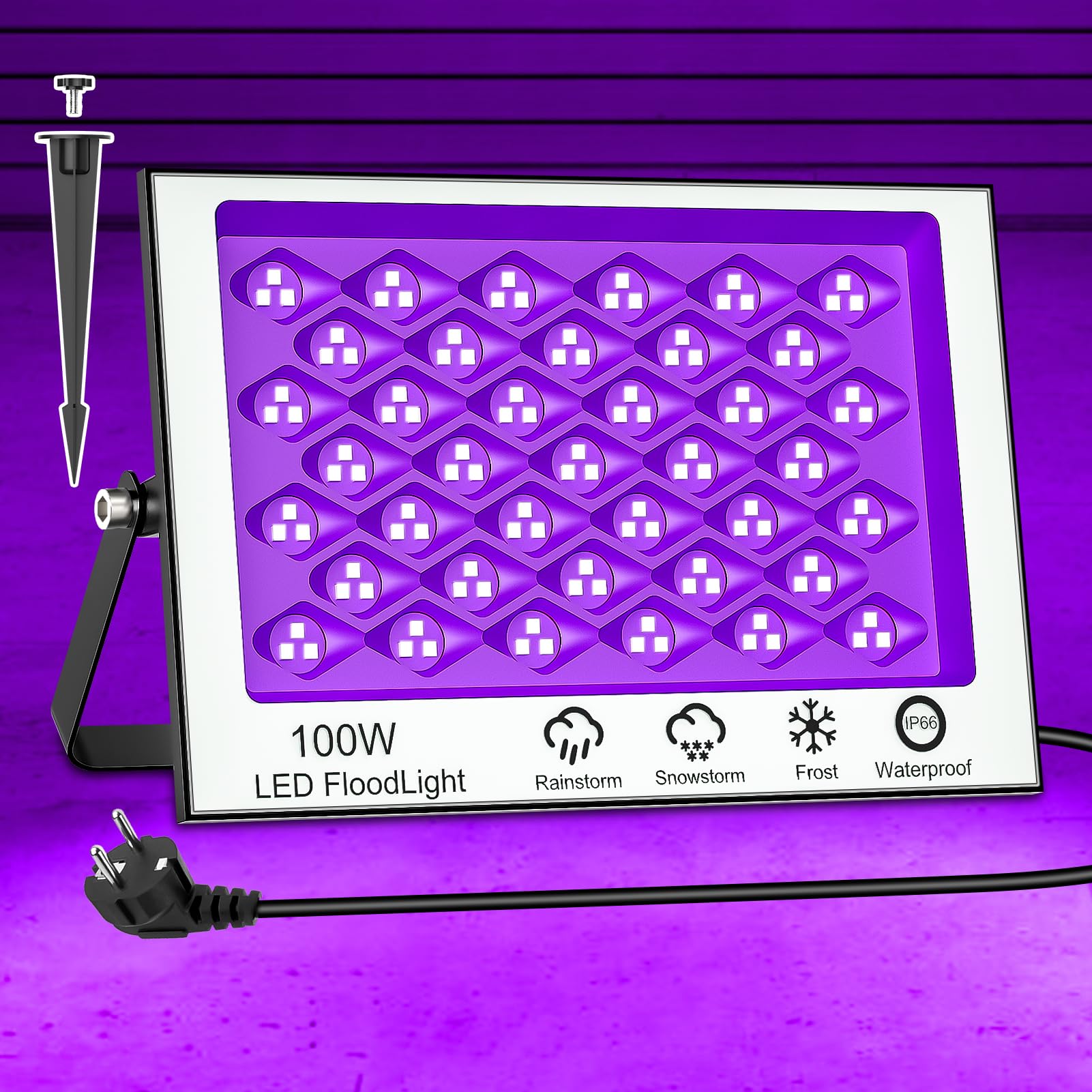 100W LED Luz Negra, Luz Ultravioleta con Enchufe, 1.5m Cable, Interruptor, 385-400NM Luz Negra Ultravioleta, IP66 Impermeable Luz UV Fiesta de Navidad, Halloween, Fiesta, Pintura Corporal