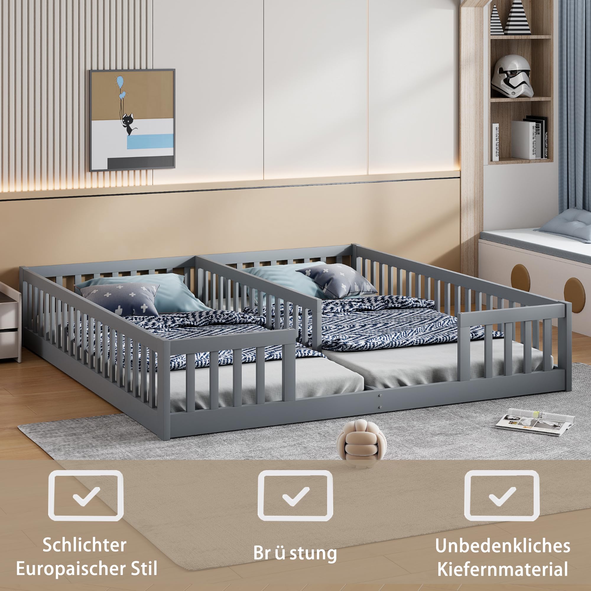 Lettino da pavimento 90 x 200 cm, con rete di sicurezza, in legno di pino, per famiglie con 2 bambini, letto gemellare con rete a doghe, grigio