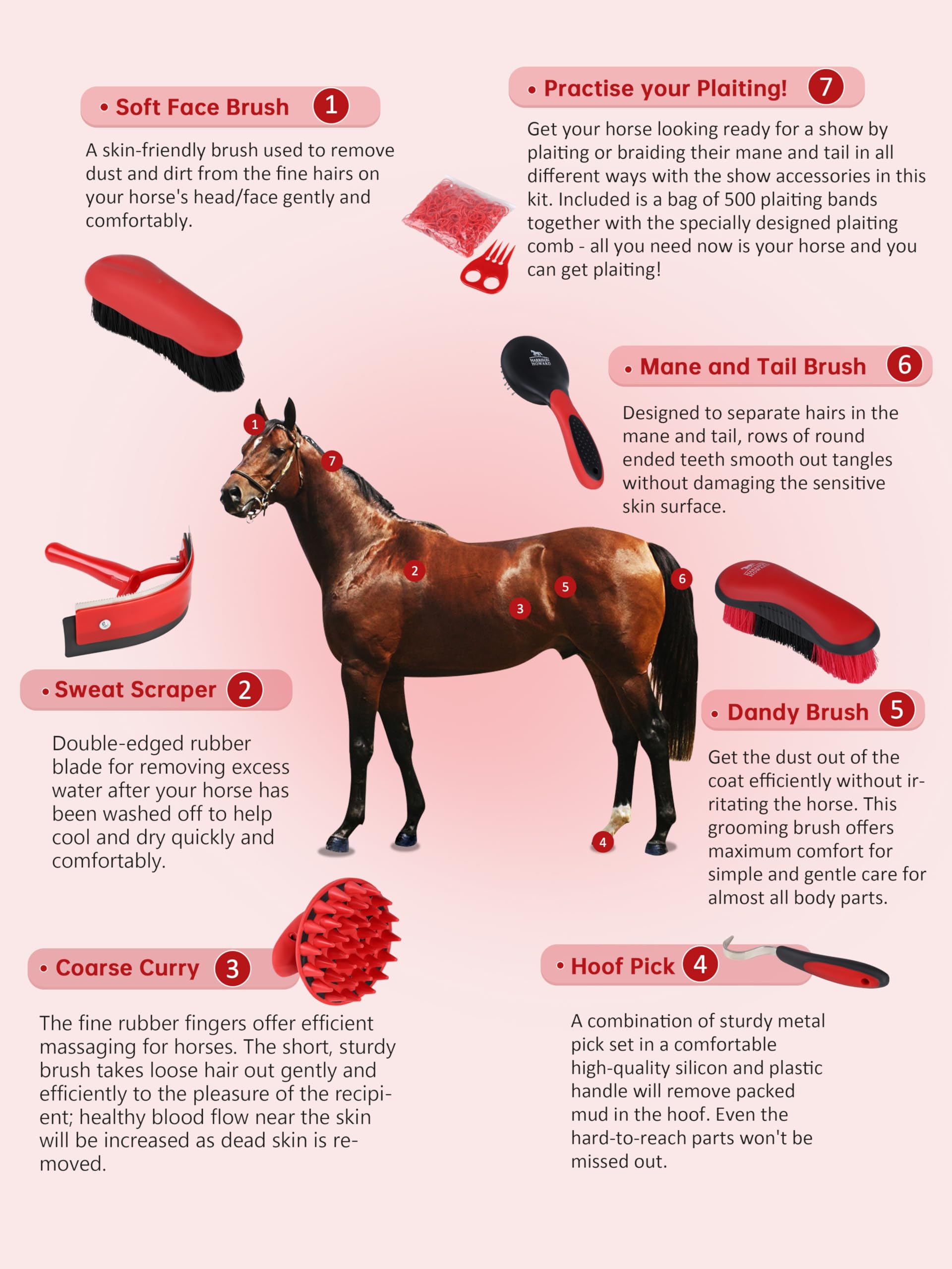 Harrison Howard Kit de cepillos de aseo para caballos de 7 piezas con bolsa organizadora Equine Care Series Juego de cepillos para caballos rojo
