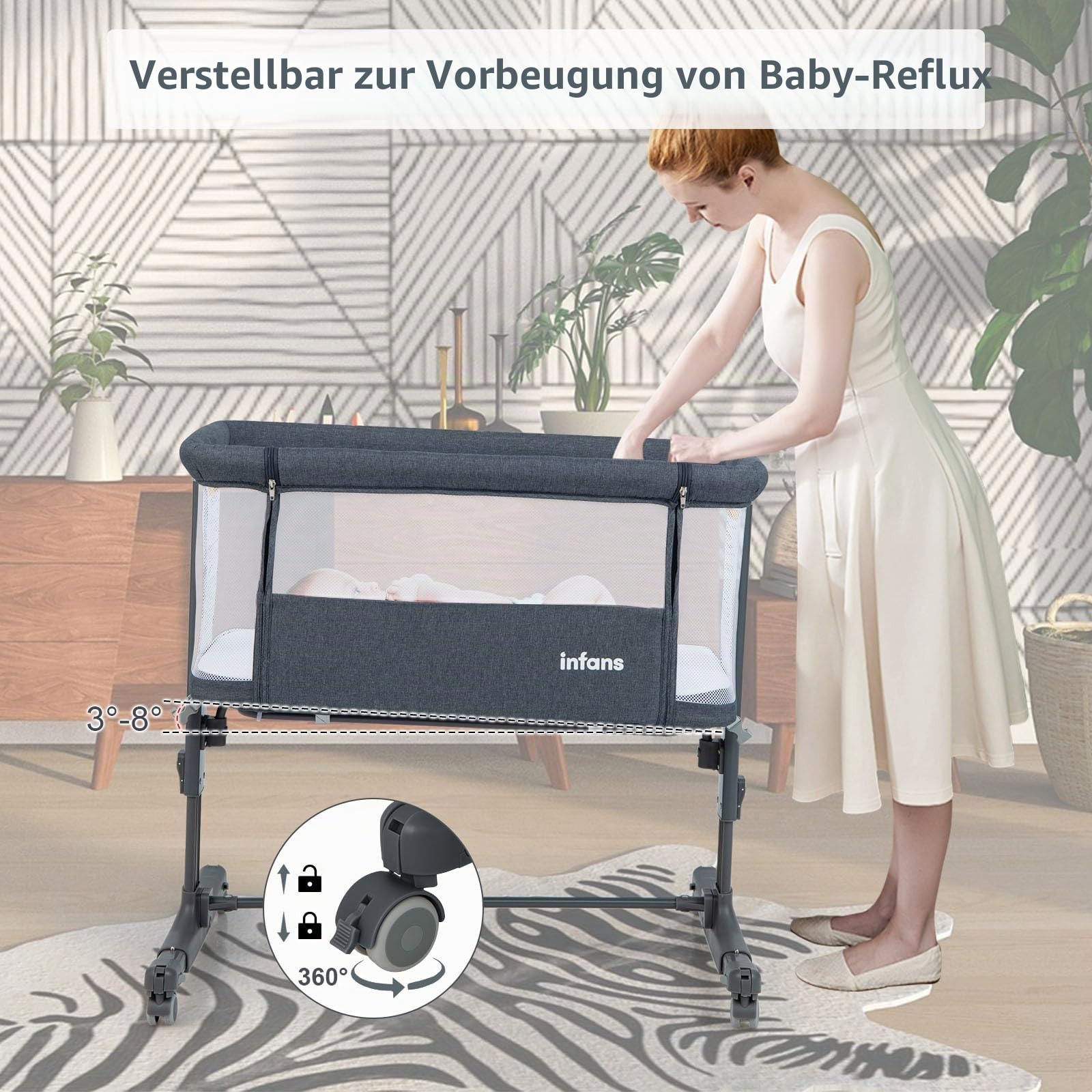 LIFEZEAL 3 in 1 Beistellbett, 5-stufig höhenverstellbares Babybett, Babywiege Stubenwagen mit Matratze, Mobiler Reisebett auf Rollen mit Tragetasch, Kinderbett für Baby ab Geburt bis 9 kg (Dunkelgrau)