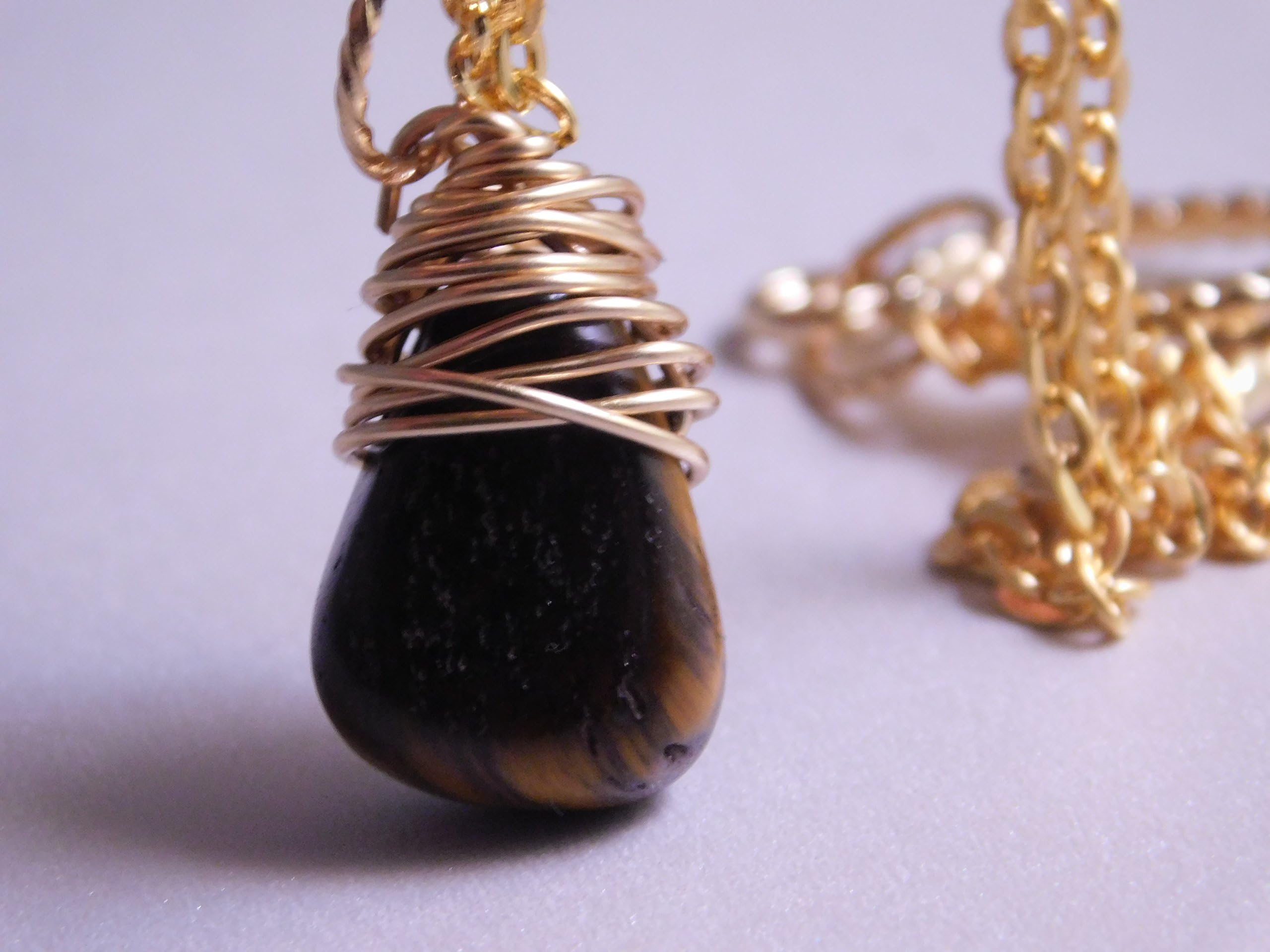 Tigers Eye Necklace * Gemstone Jewelry * Gold with Tigers Eye * Gemstone Brown Necklace * Natural Stone Pendant * Brass Drop Gift *
