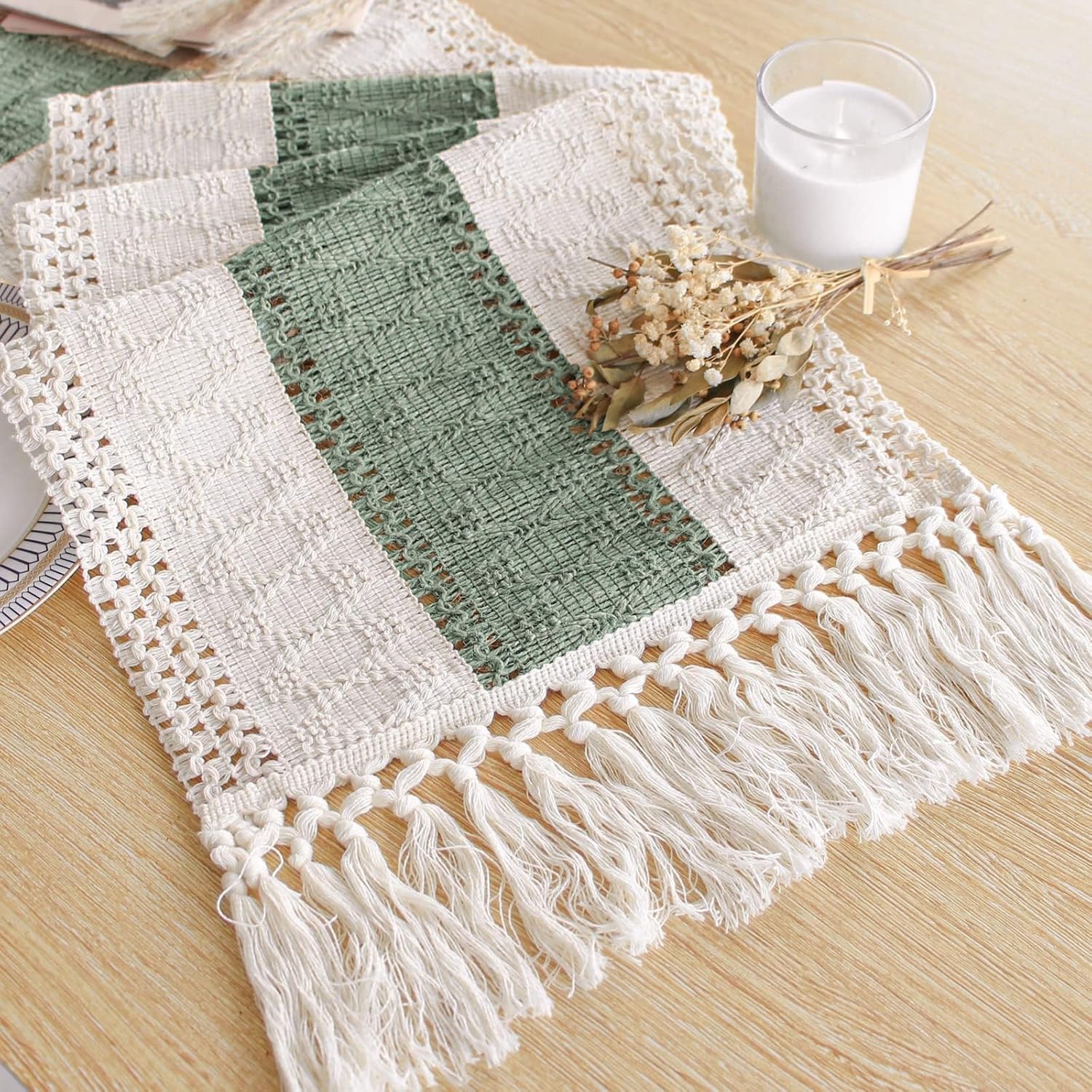 FEXIA Boho Table Runner for Home Decor 12x108 Sage Green Fall Decorations