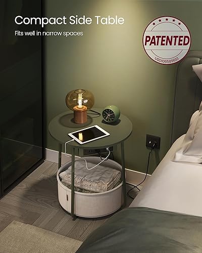 Miniatura 5 de VASAGLE LILEA Collection - Mesa auxiliar con estación de carga, mesa auxiliar redonda con cesta de tela, mesita de noche con puertos USB, para sala