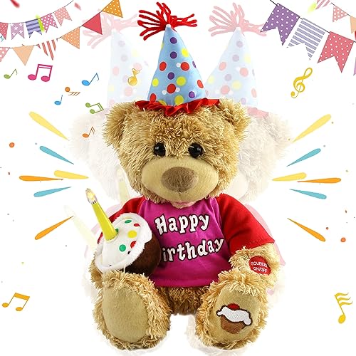 Houwsbaby Oso de peluche de cumpleaños de 13.5 pulgadas, juguete de peluche musical eléctrico con cupcake, vela brillante, regalos para niños,