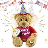 Houwsbaby 13.5'' Birthday Teddy Bear Interactive Stuffed Animal Electric Singing Musical Plush Toy with Cupcake, Glow Candle Teddy Bear Presents for Kids Girls Boys Birthday Holiday