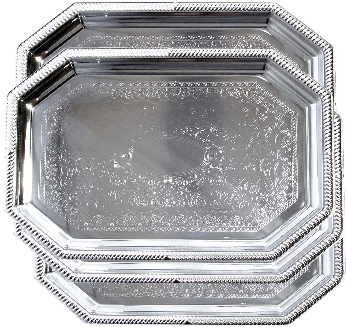 (Pack of 4 20.1-Inch x 13.8-Inch Octagonal Floral Victoria Engraved Cater Chrome Plated Serving Plate Mirror Serving Tray Platter Presentation Wedding Birthday Party (Large) T155L