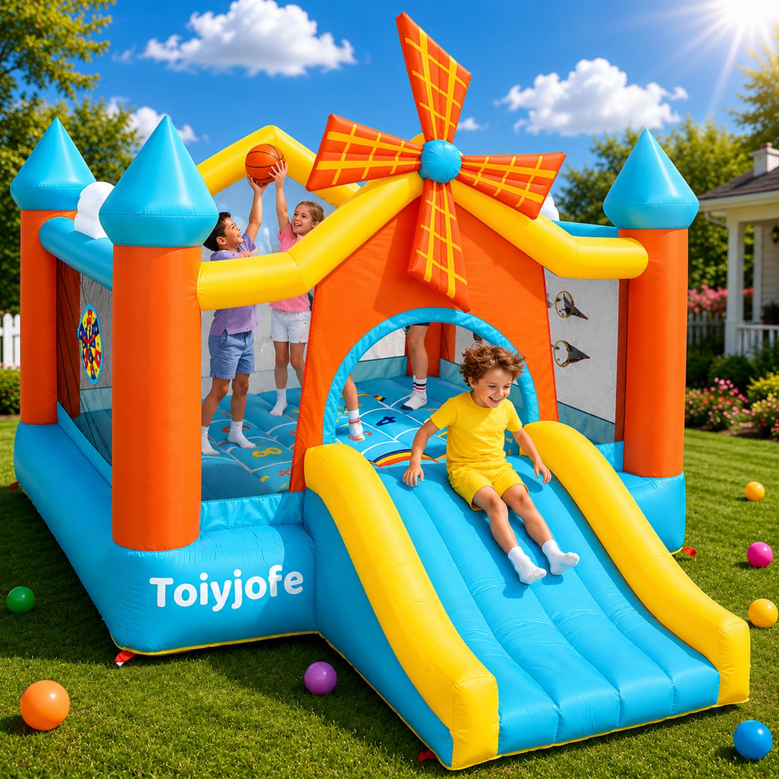 Bounce House for Big Kids Ages 3-10 with Slide & Dual Basketball Hoops (Toiyjofe)