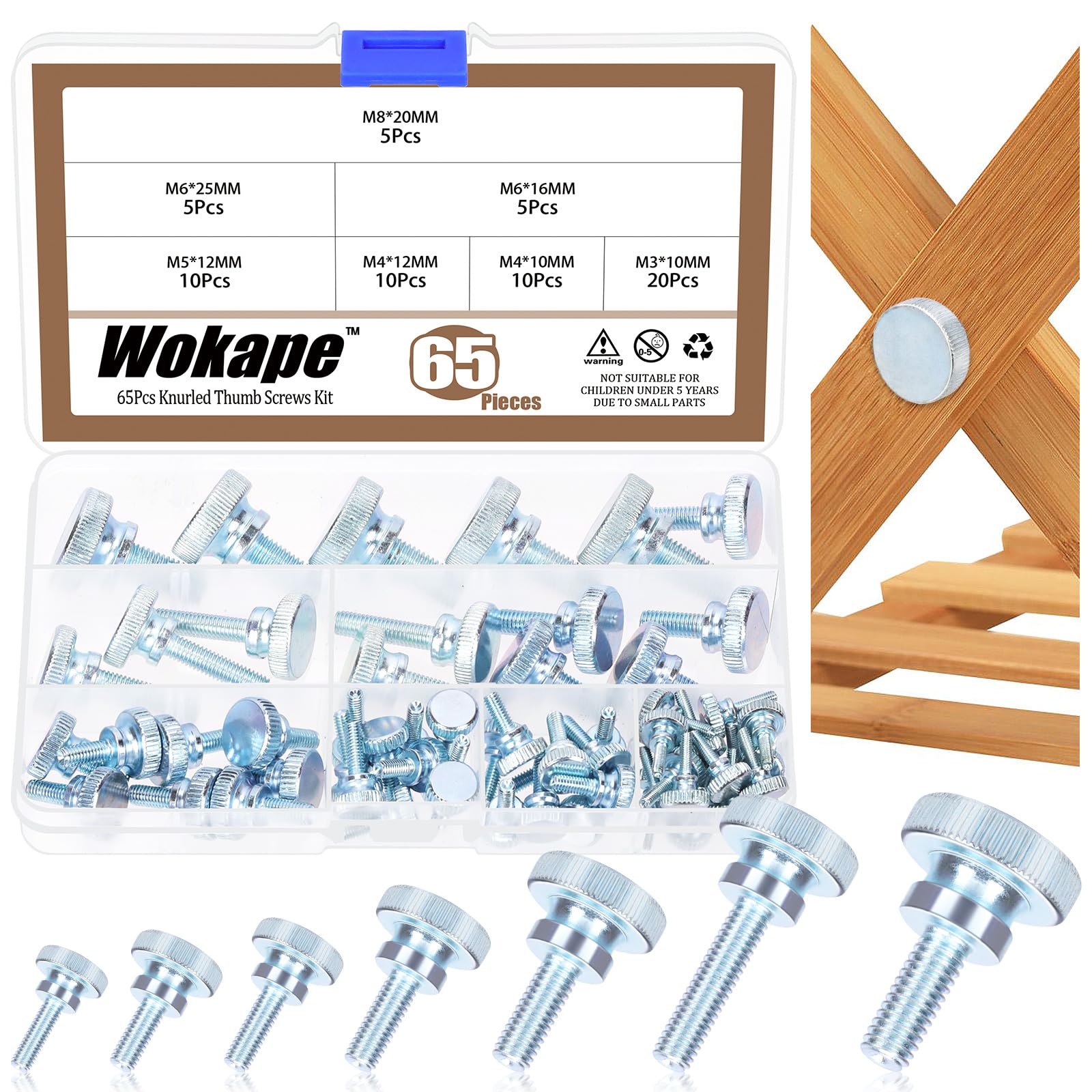 Wokape 65Pcs Knurled Thumb Screw Assortment Kit, M3 M4 M5 M6 M8 Zinc Plated Carbon Steel Knurled Thumbscrew Flat Knurled Head Fully Threaded Bolts