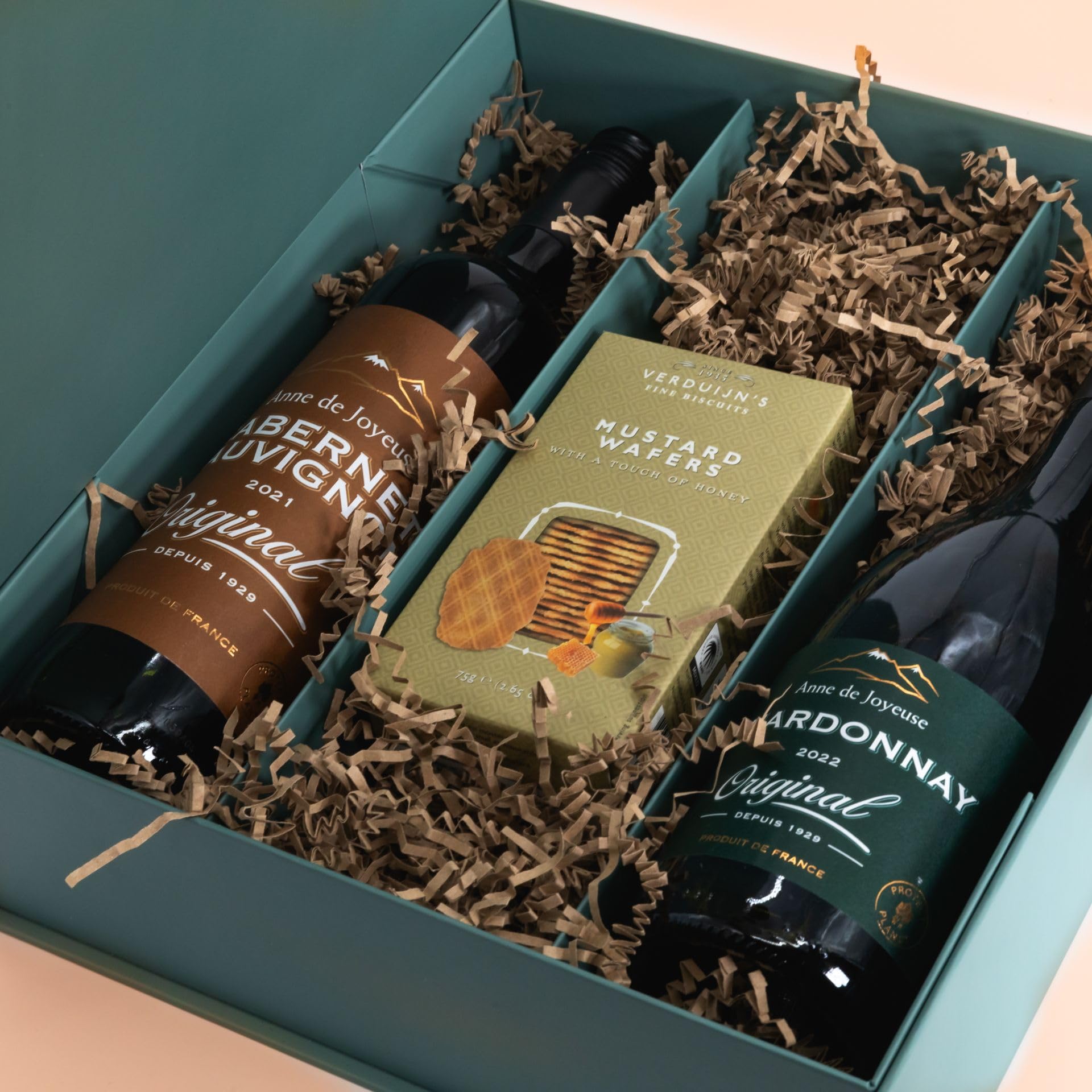 Weinbox Frankreich mit Bio Honig Senf Cracker - Premium Geschenkset mit Cabernet Sauvignon & Chardonnay von Anne de Joyeuse, Perfekt für Weinliebhaber und besondere Anlässe